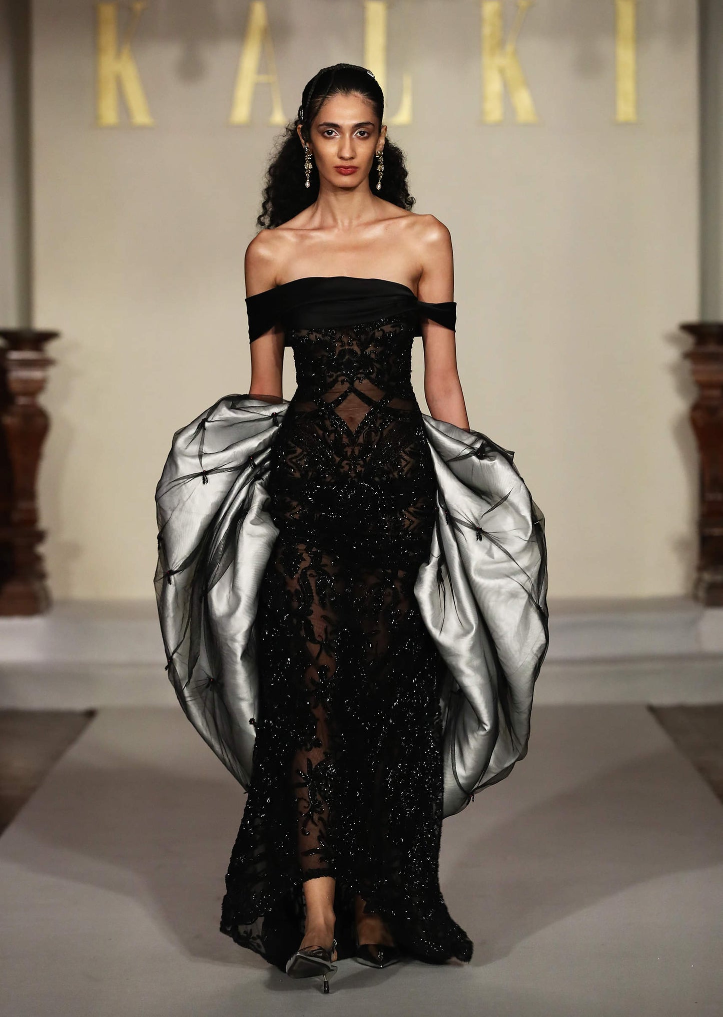 Black Net Embroidered Fishcut Gown With White Cape