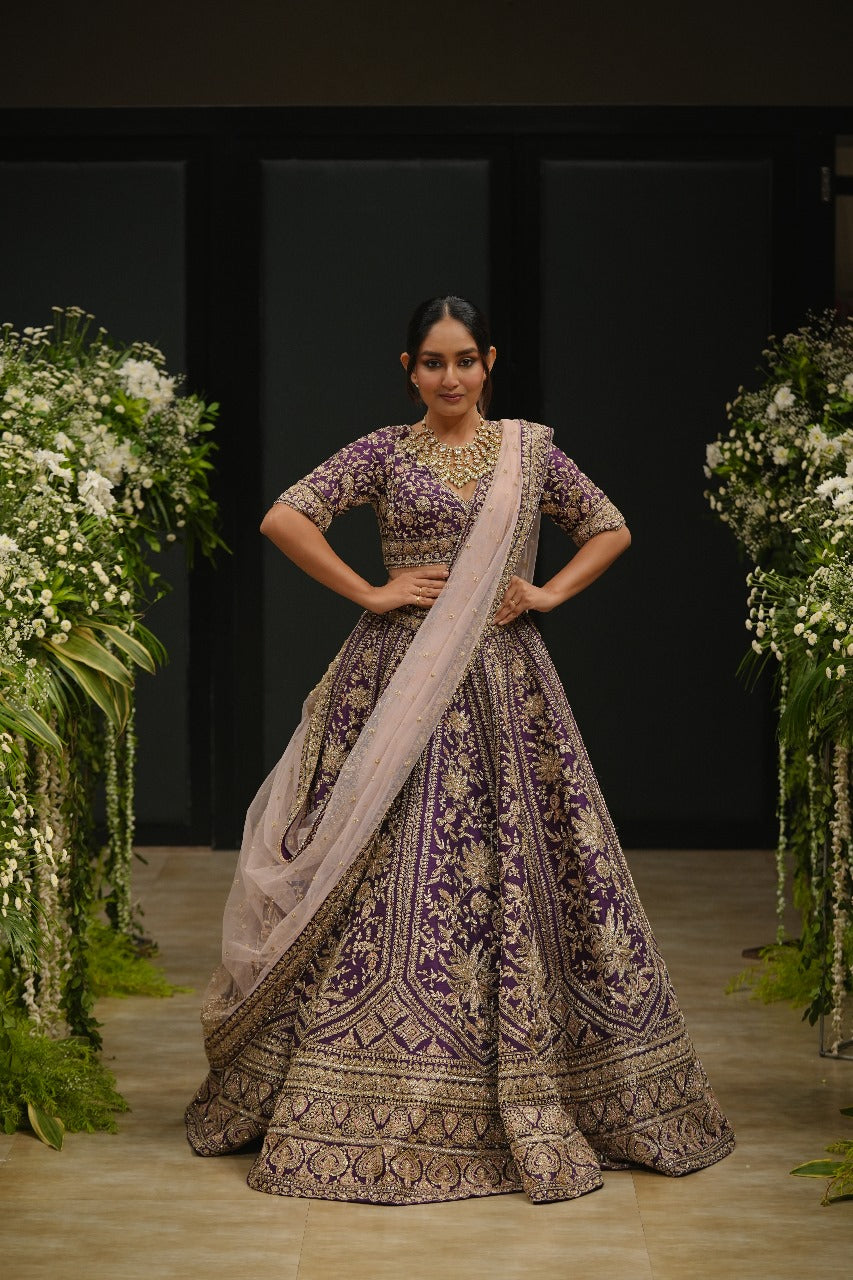Purple Raw Silk Cutdana Hand & Machine Embroidered Lehenga Set
