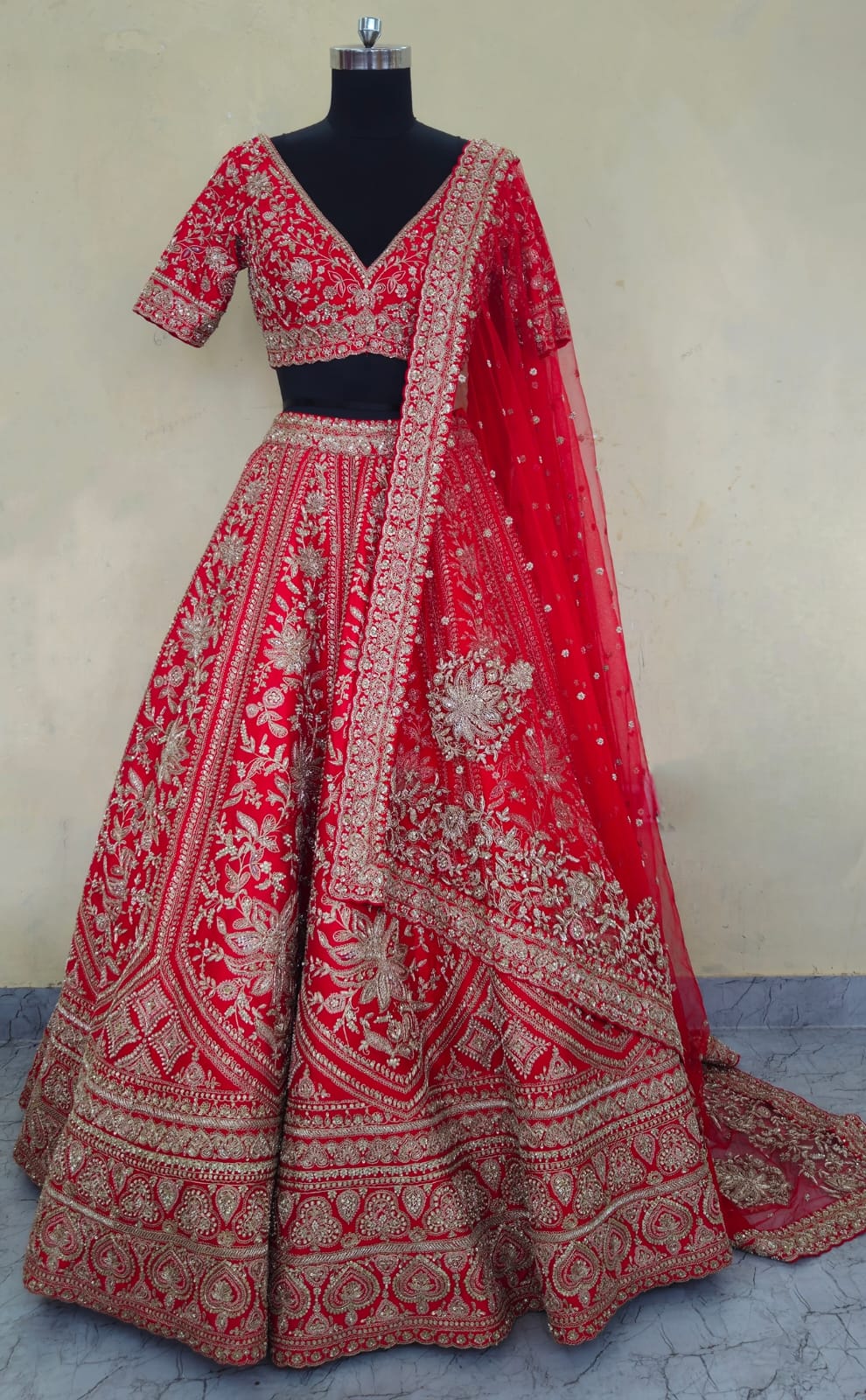 Red Raw Silk Zari Hand & Machine Embroidered Lehenga Set