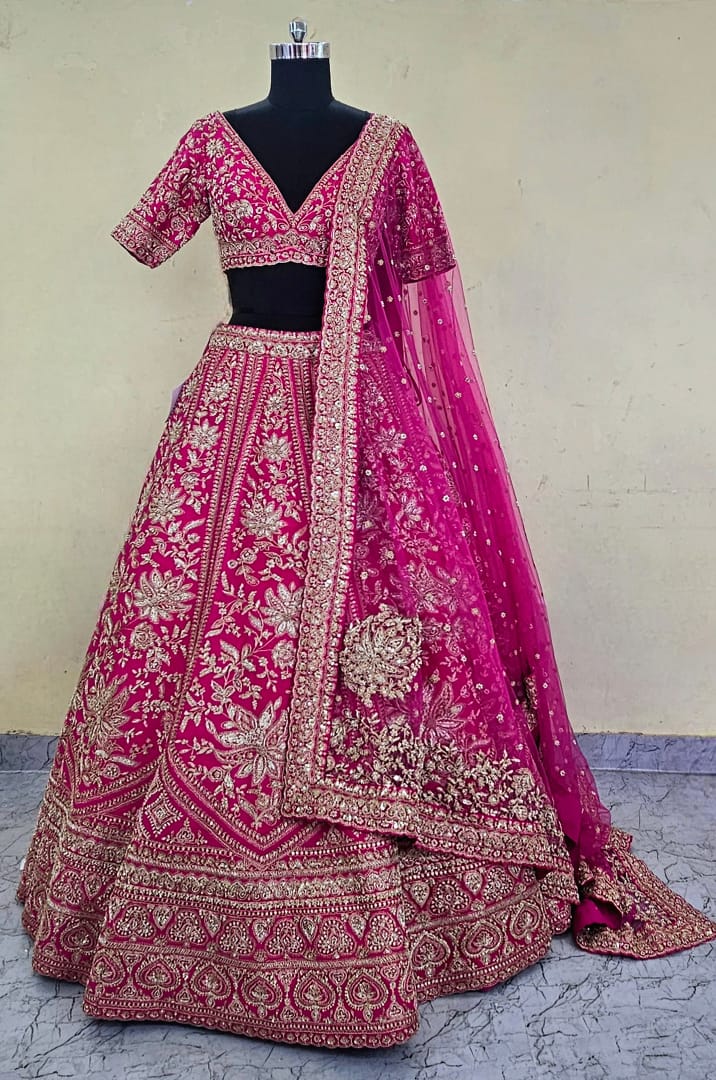 Rani Pink Raw Silk Zari Hand & Machine Embroidered Lehenga Set
