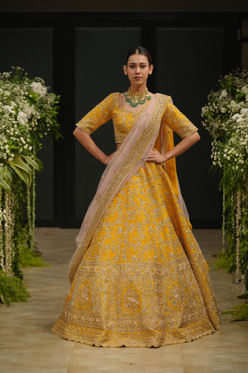 Mustard Raw Silk Zari Hand & Machine Embroidered Lehenga Set