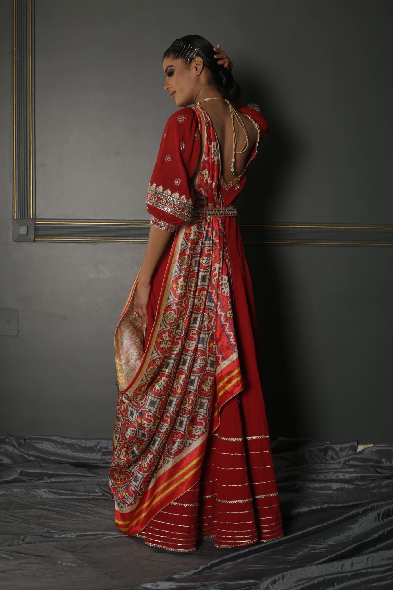 Women's Ruby Red Embroidered Anarkali Set backview