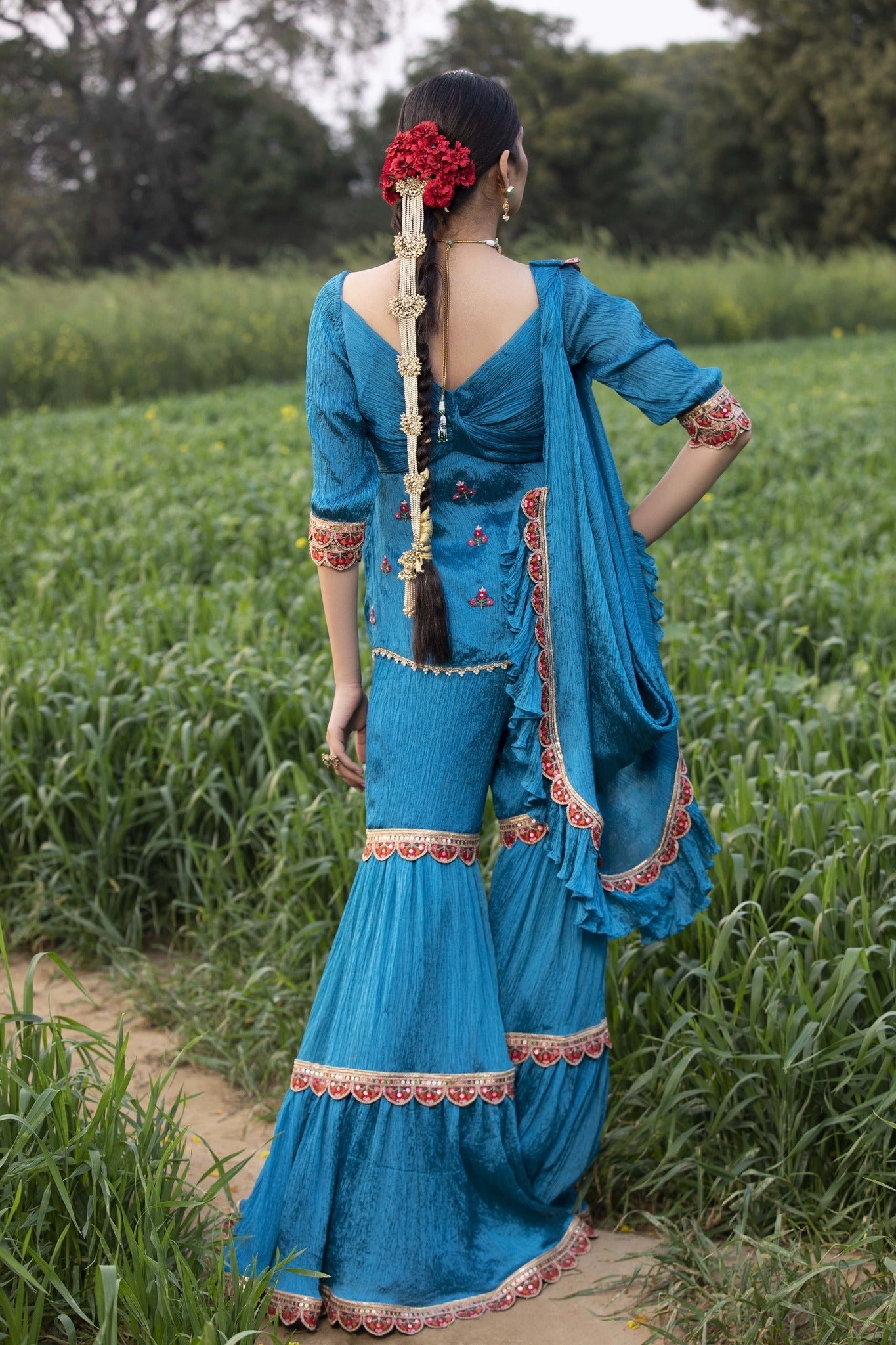 Women's Firozi Crushed Cowl Draped Sharara Set