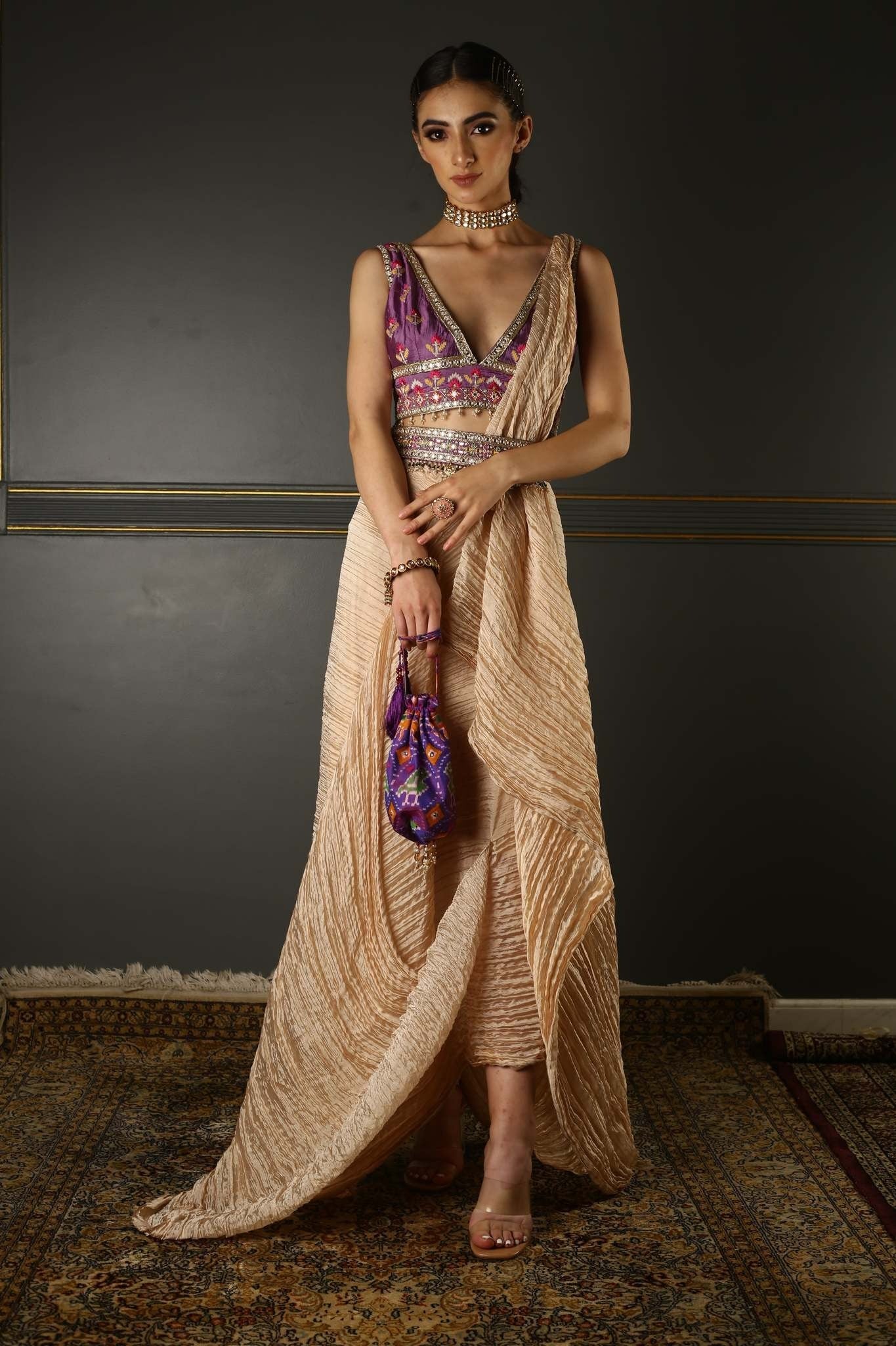 Women's Onion Pink Embroidered Dhoti Draped Set