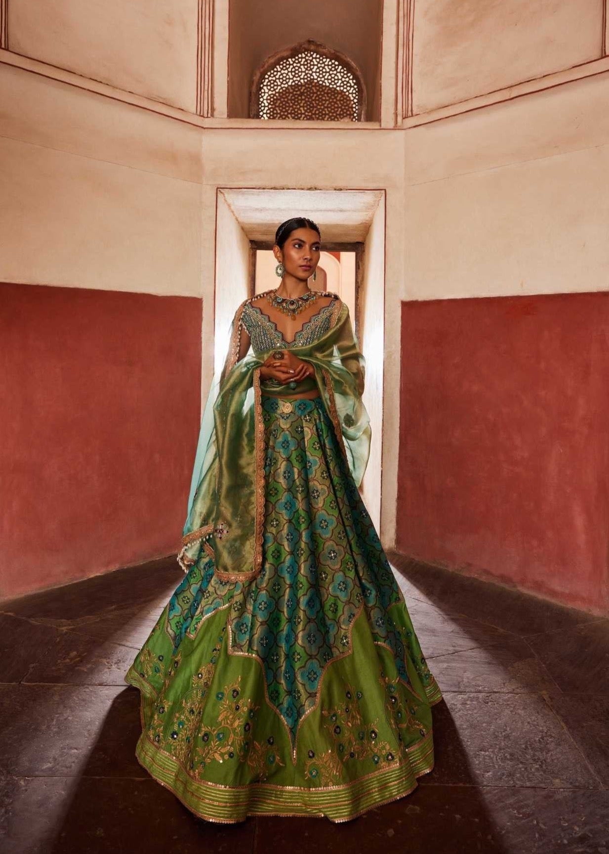 Women's Green Banarasi Jharokha Lehenga Set