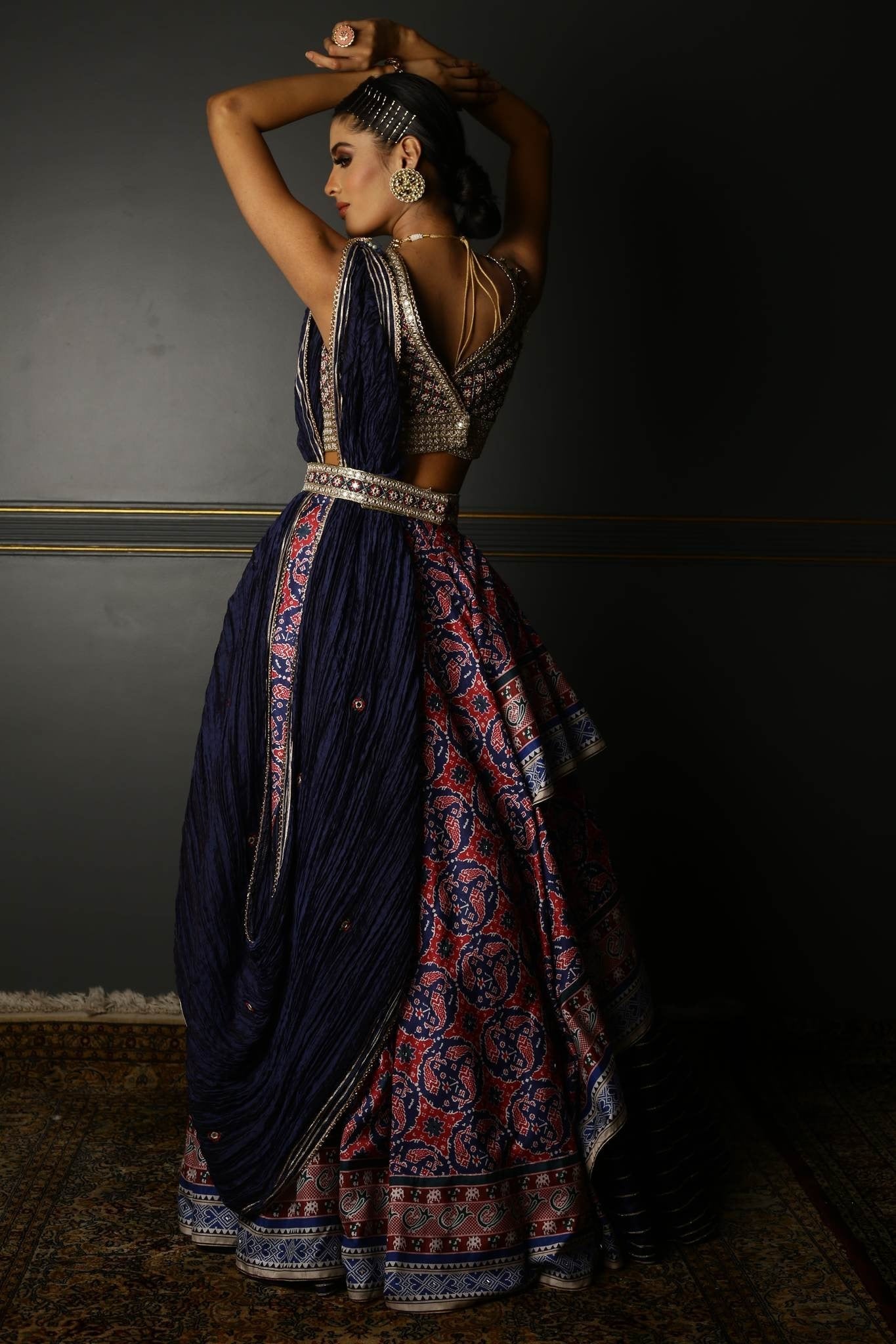 Buy Midnight Blue Printed Layered Lehenga Set backside