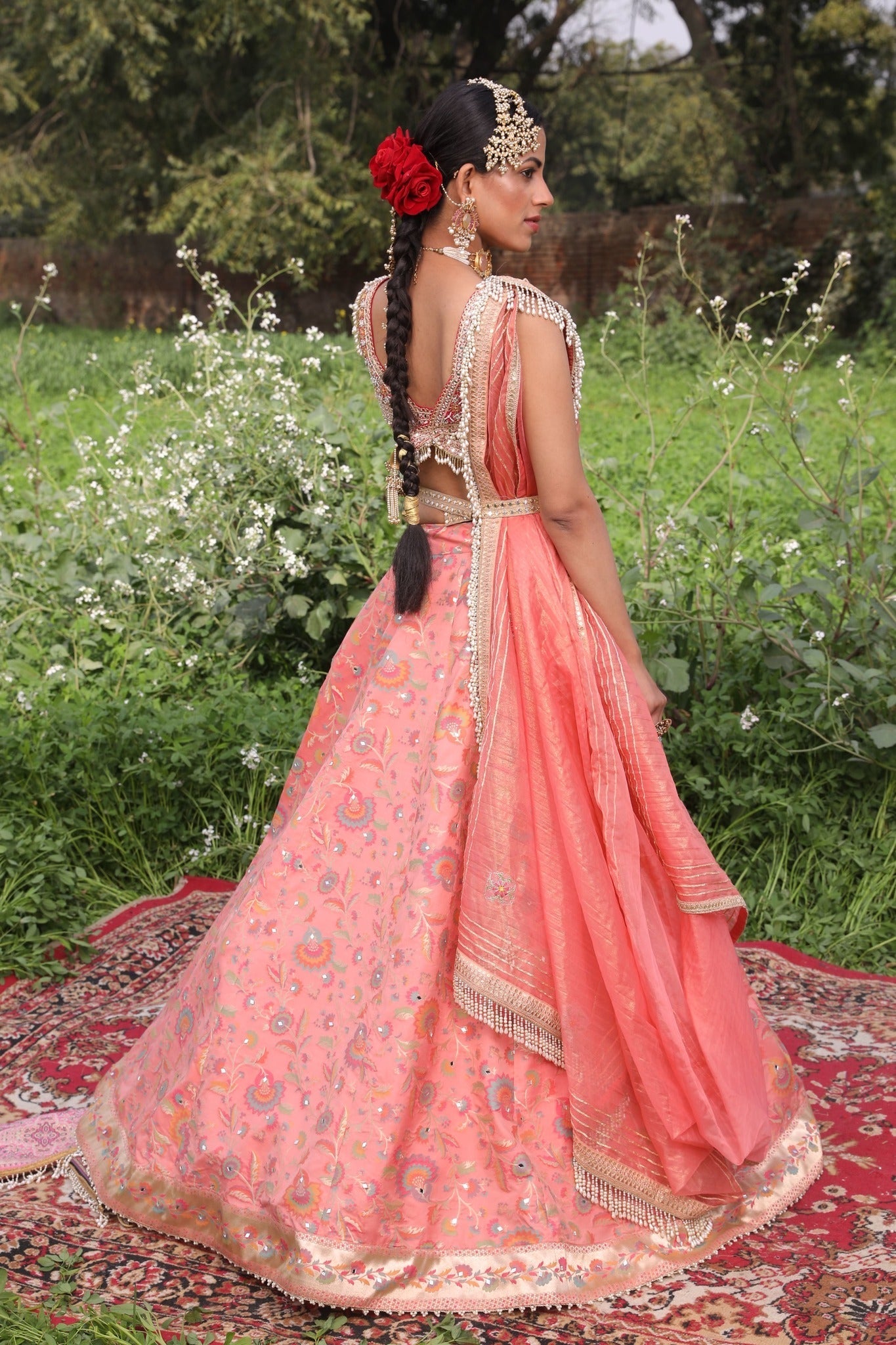 Women's Peach Floral Banarasi Lehenga Set