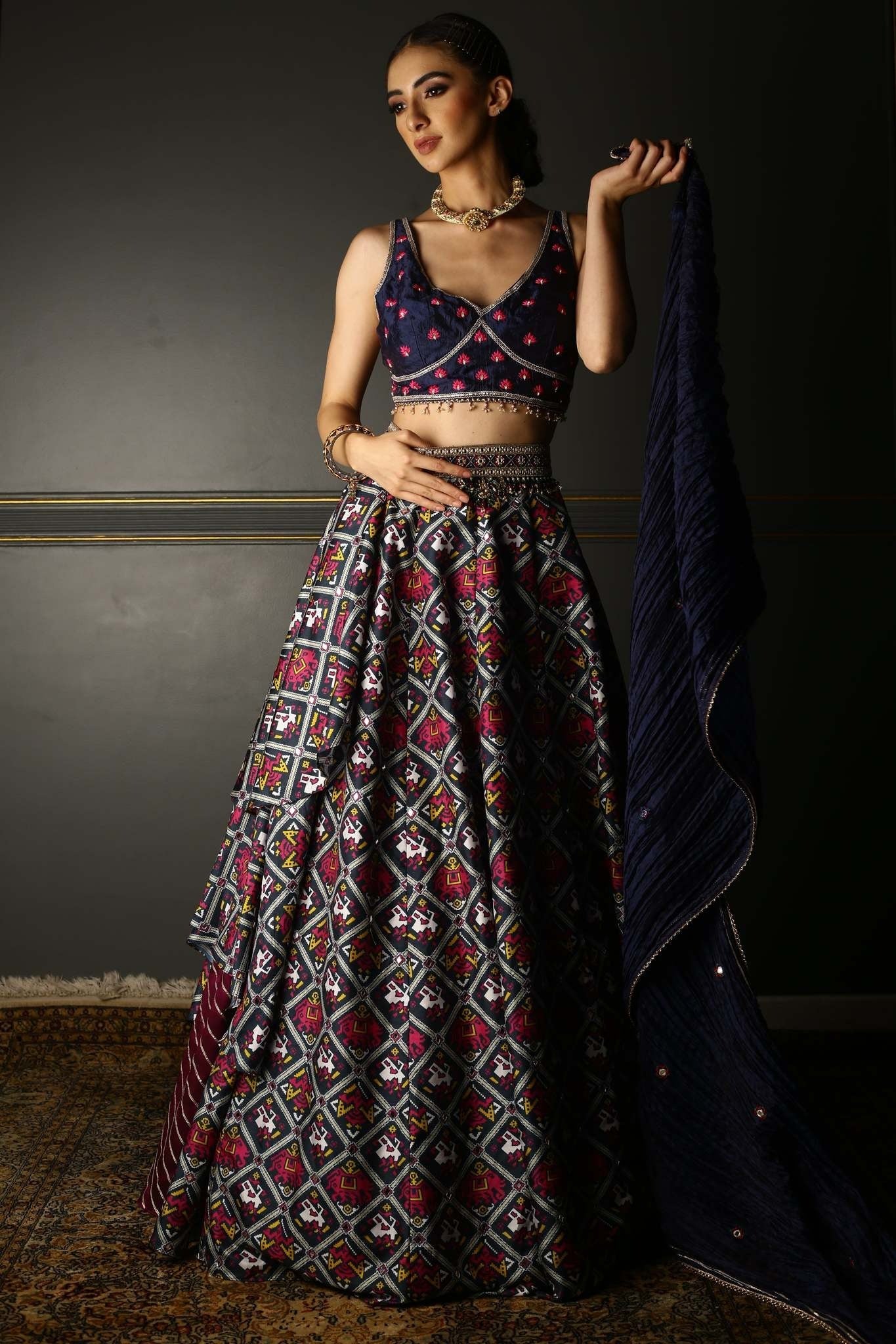 Women's Midnight Blue Printed Draped Lehenga