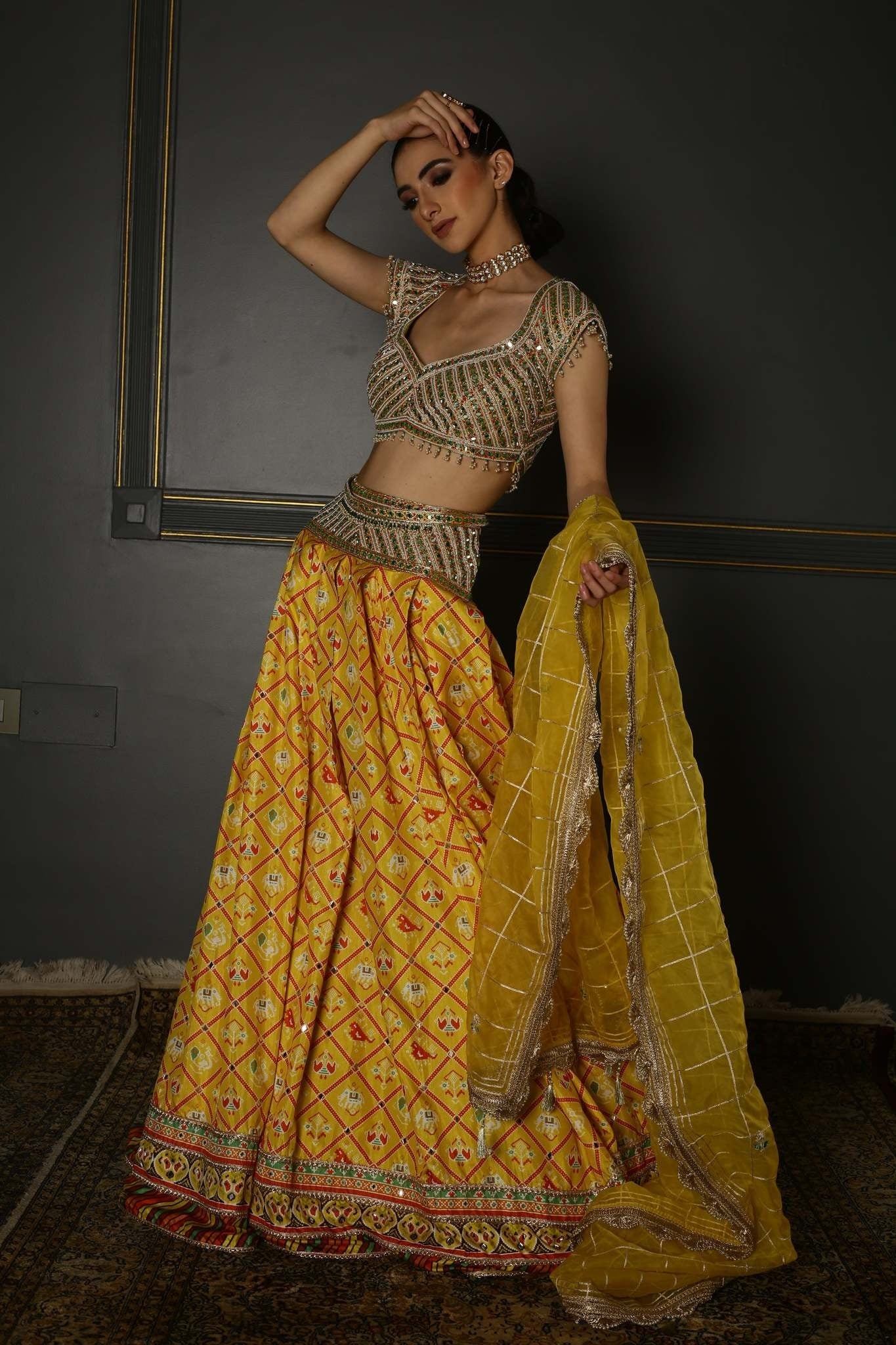 Women's Mustard Yellow Printed Lehenga Set