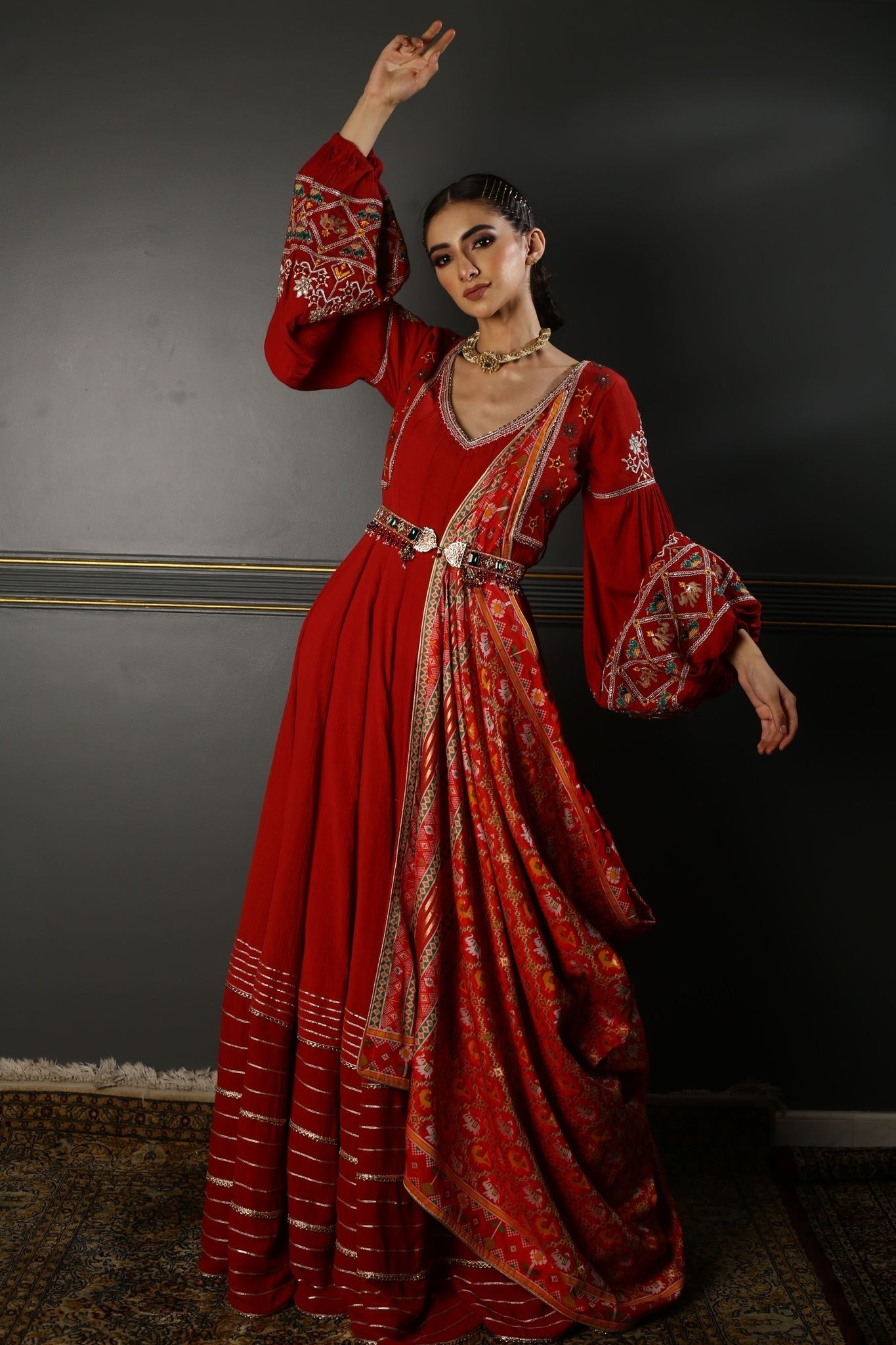 Women's Red Embroidered Draped Anarkali Set
