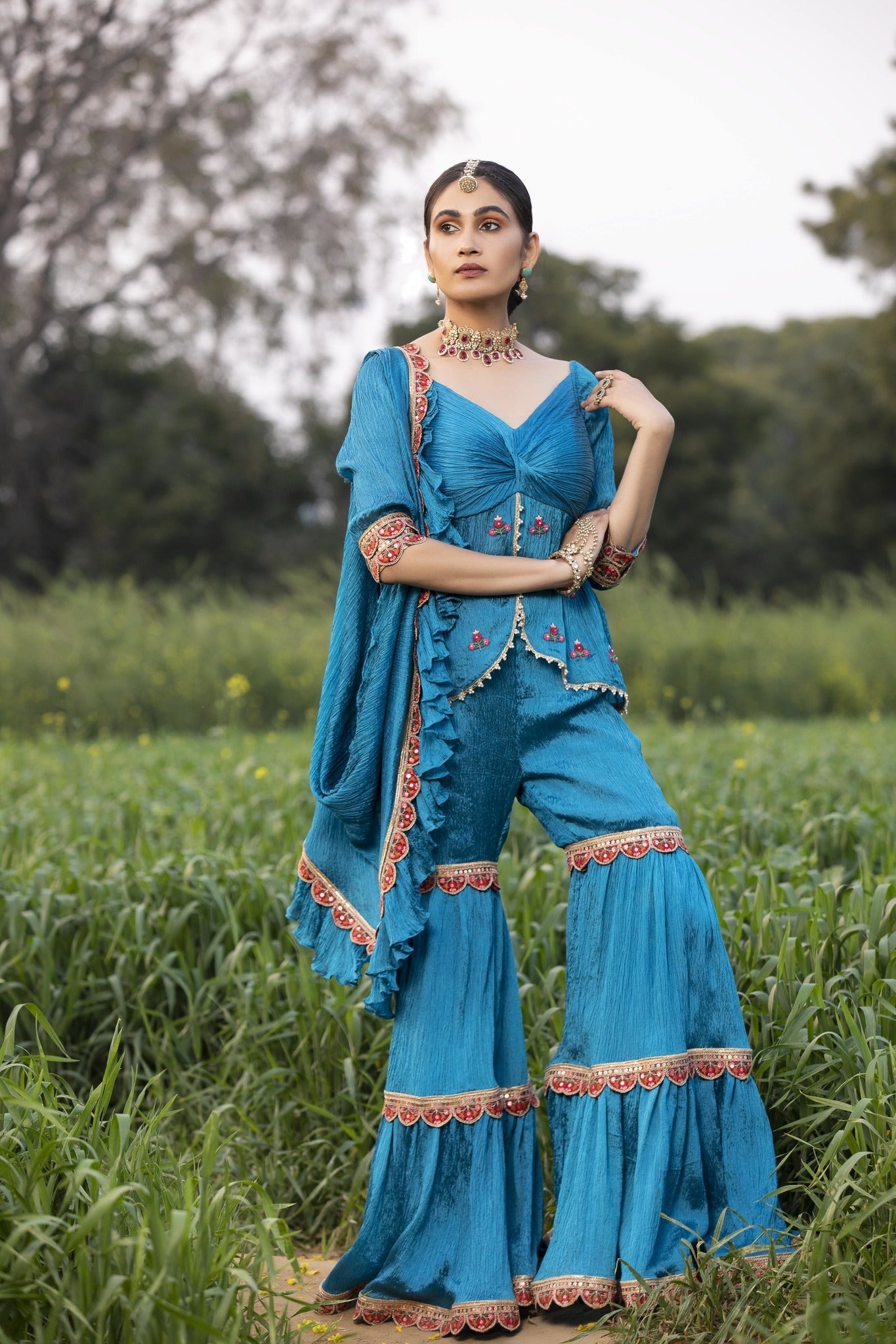 Women's Firozi Crushed Cowl Draped Sharara Set