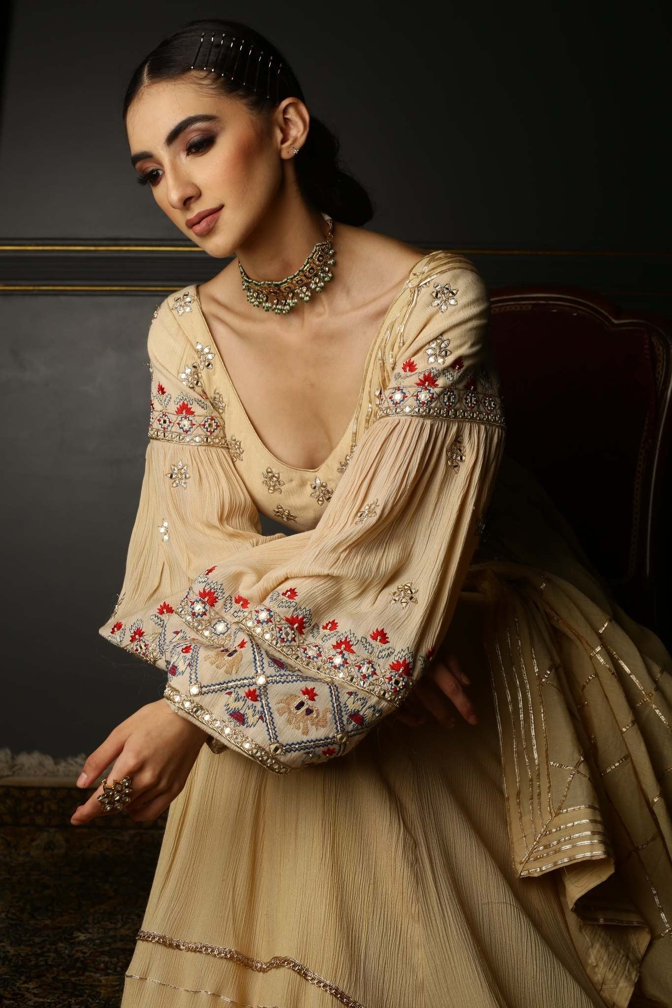 Cream Embroidered Georgette Anarkali Set