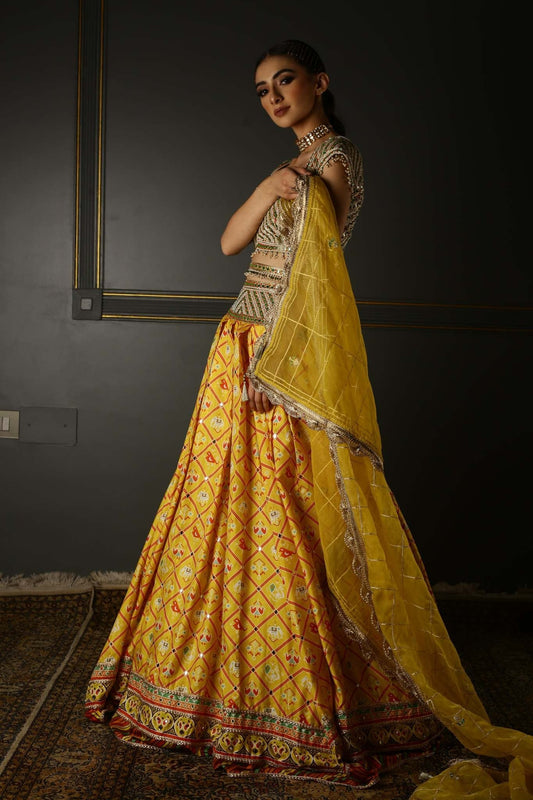 Women's Mustard Yellow Printed Lehenga Set