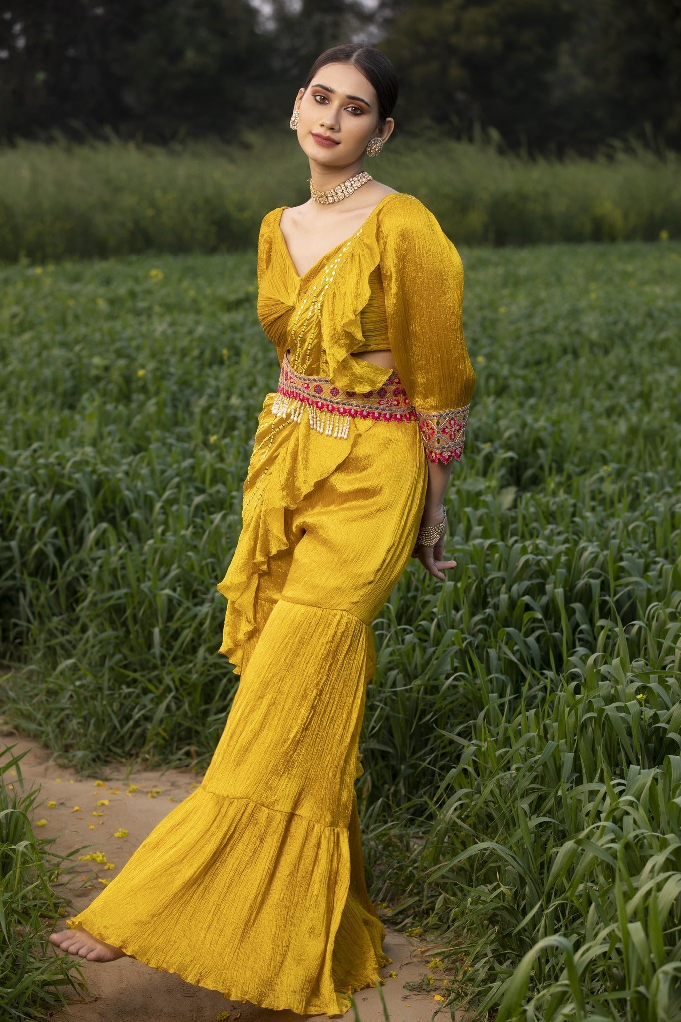 Women's Yellow Pleated Embroidered Sharara Set frontview