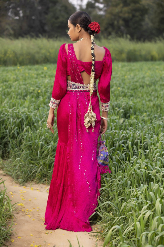 Pink Hand-Crushed & Pleated Sharara Set