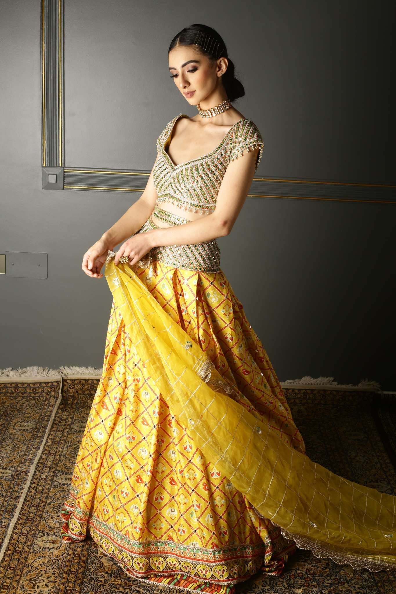 Women's Mustard Yellow Printed Lehenga Set