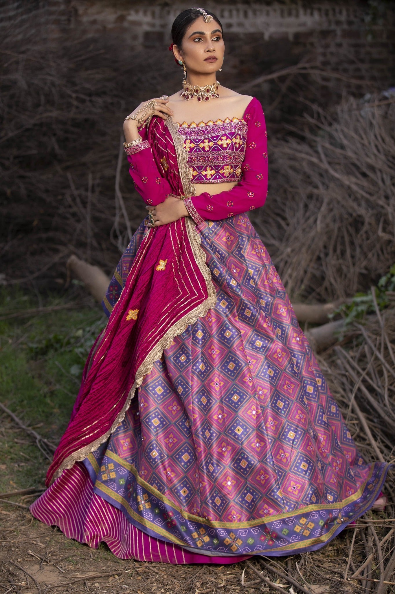 Buy Women's Patola Hot Pink Printed Lehenga Set frontview