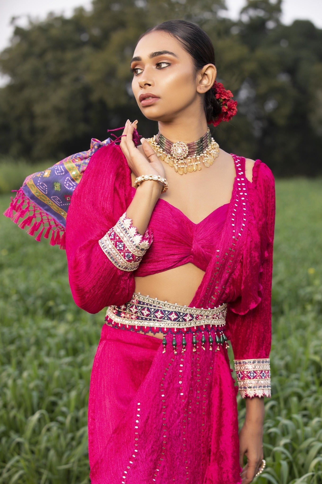 Pink Hand-Crushed & Pleated Sharara Set