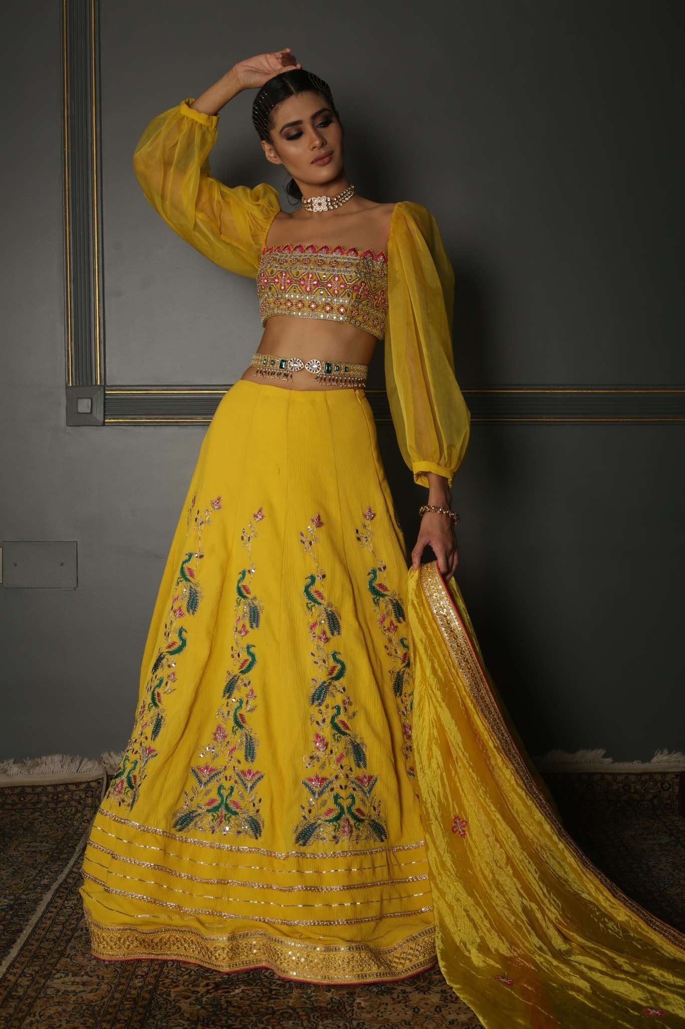 Yellow Embroidered Georgette Lehenga Set