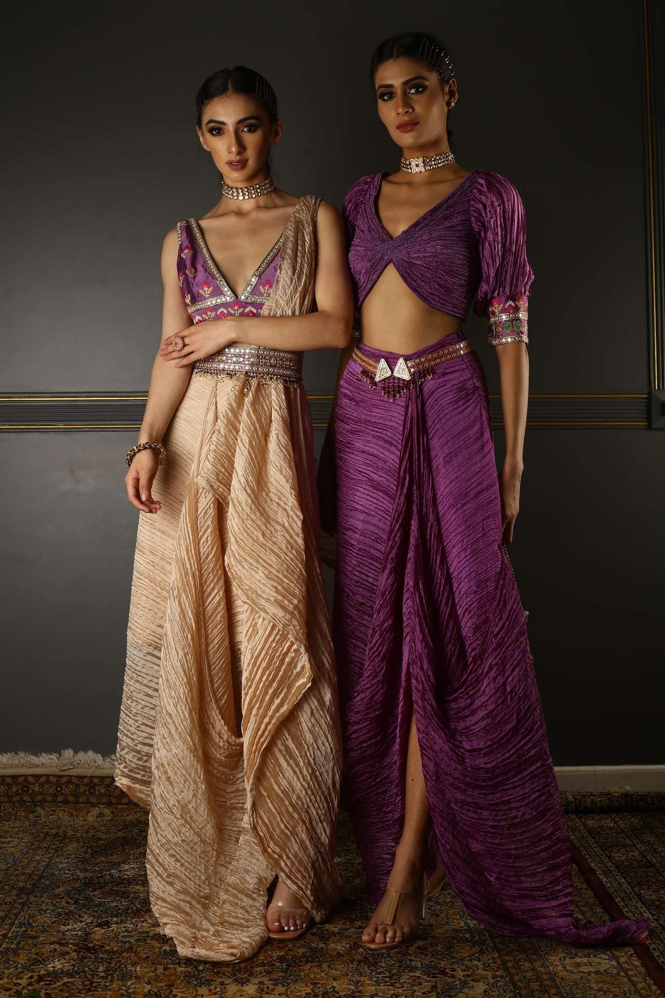 Women's Purple Embroidered Pleated Draped Set