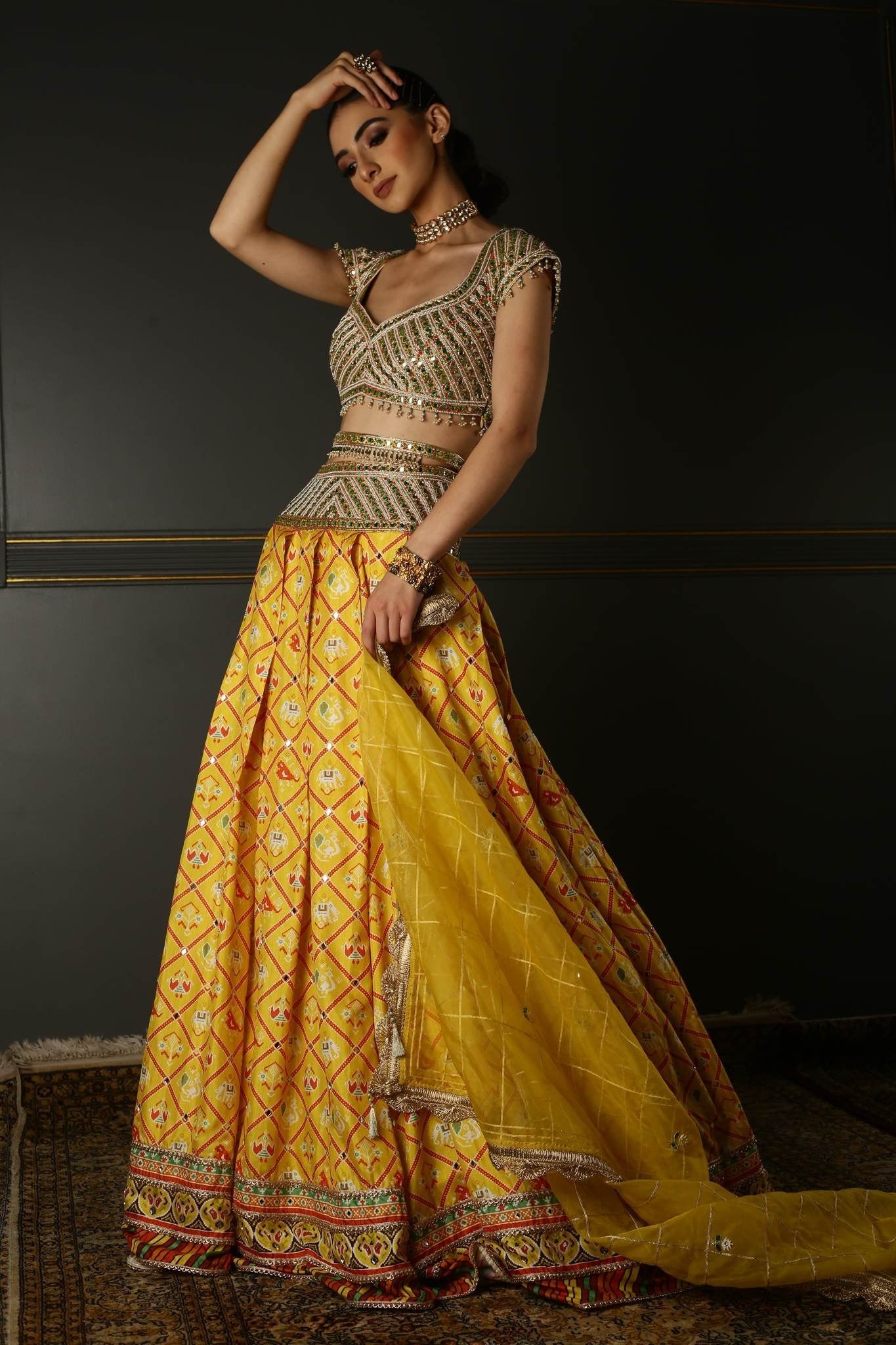 Women's Mustard Yellow Printed Lehenga Set