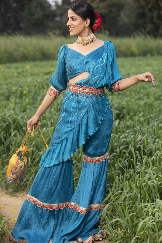 Buy Firozi Hand-Crushed & Pleated Sharara Set