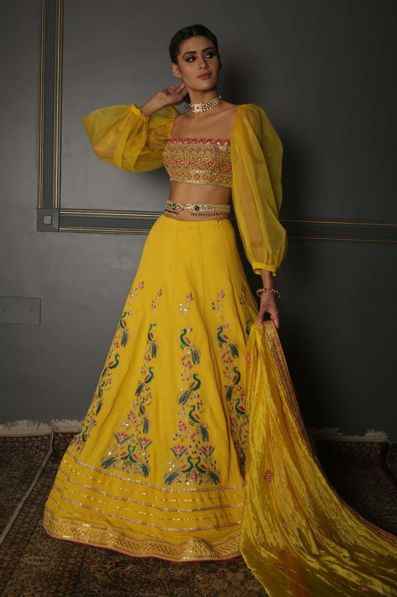 Yellow Embroidered Georgette Lehenga Set