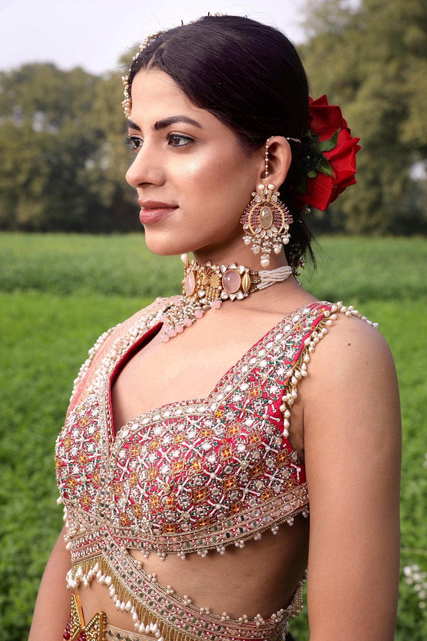 Women's Peach Floral Banarasi Lehenga Set with embroidered blose