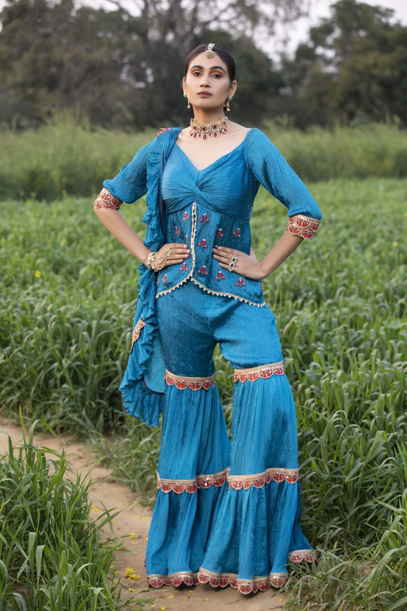 Women's Firozi Crushed Cowl Draped Sharara Set