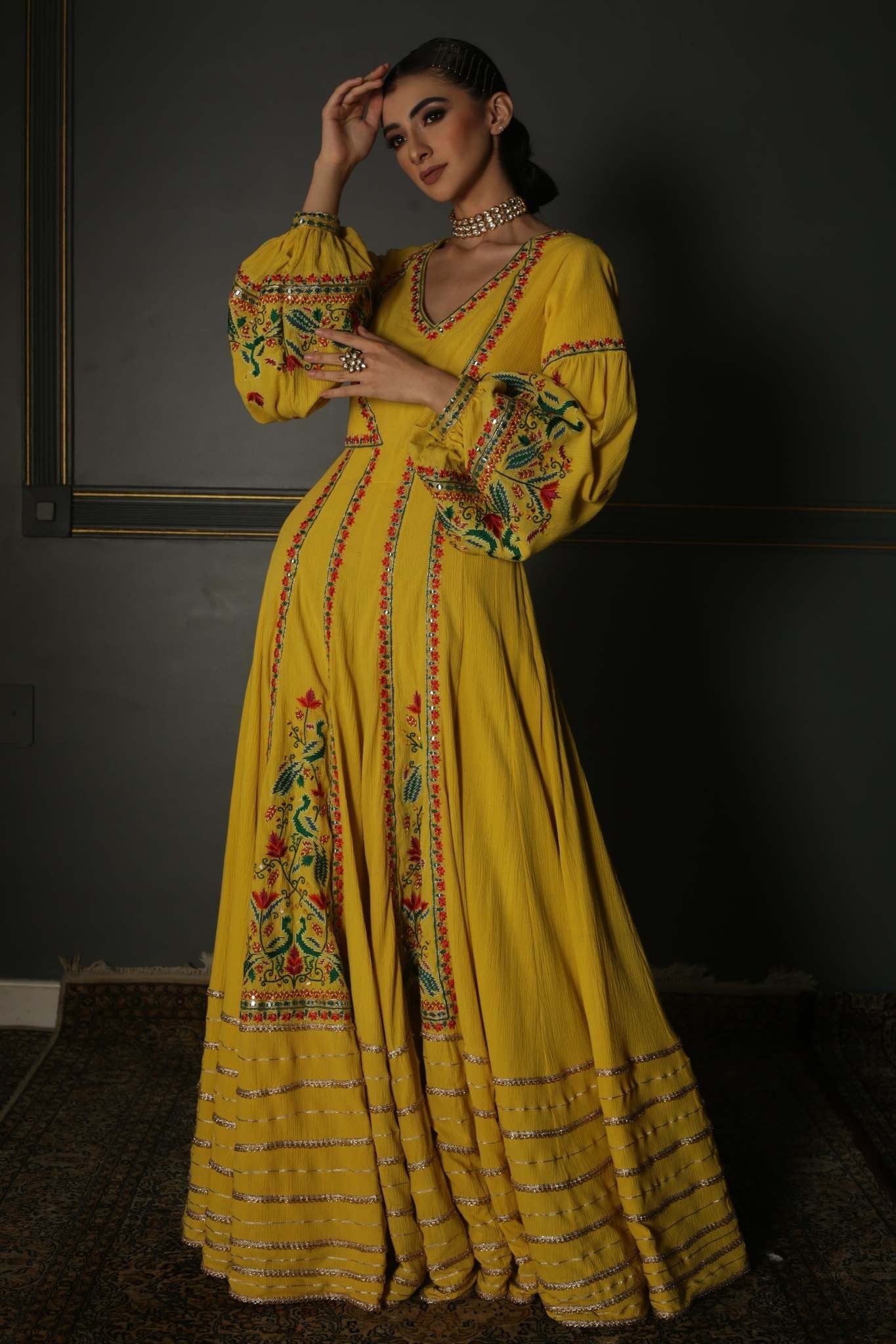 Women's Yellow Hand-Embroidered Anarkali Set
