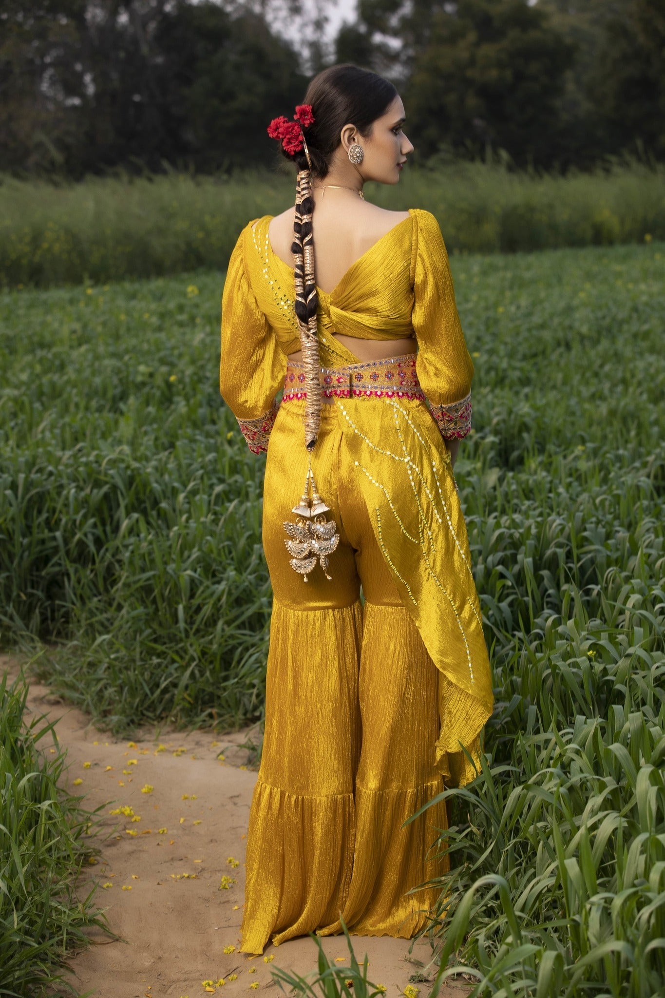 Women's Yellow Pleated Embroidered Sharara Set backview