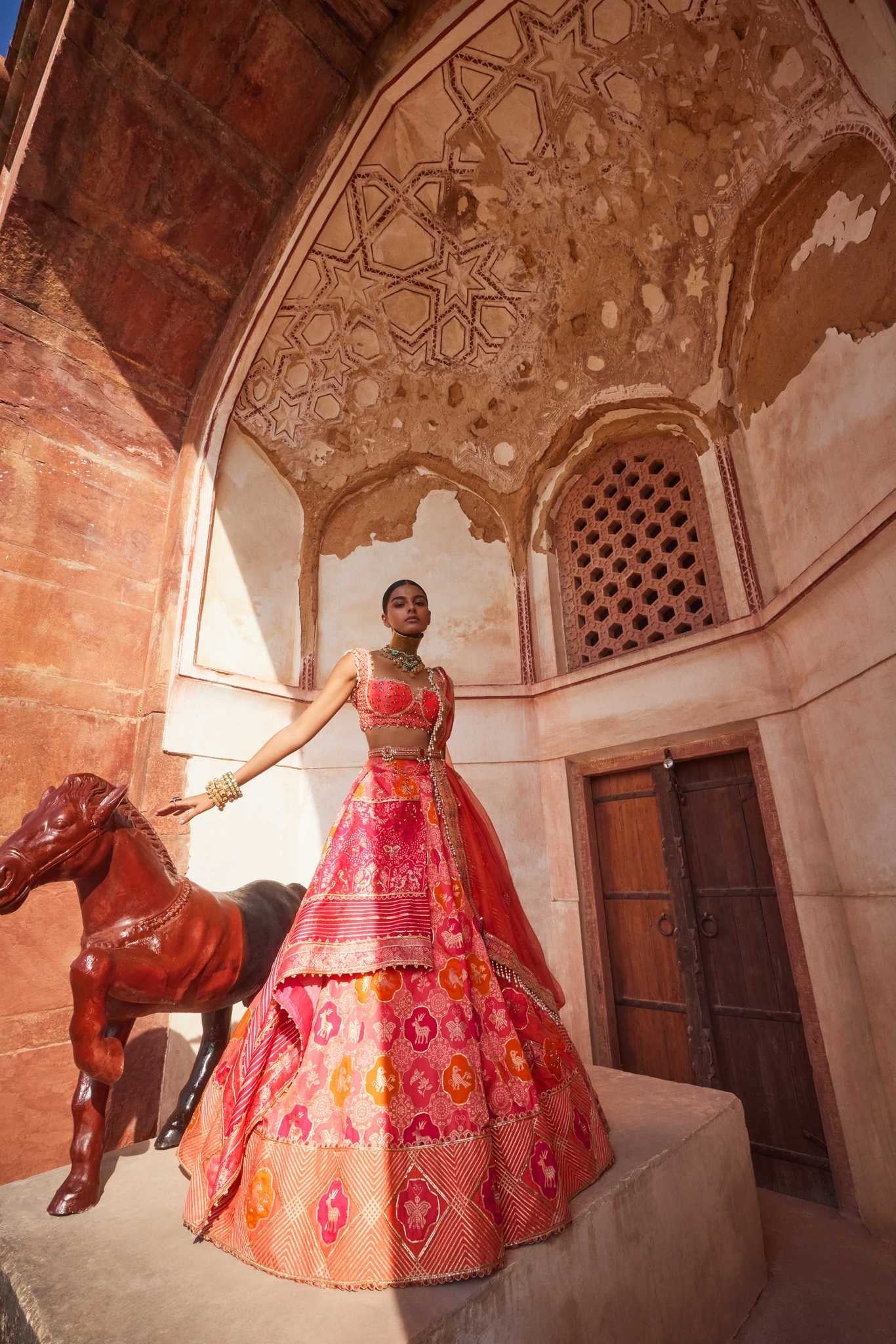 Women's Coral Banarsi Woven Lehenga Set