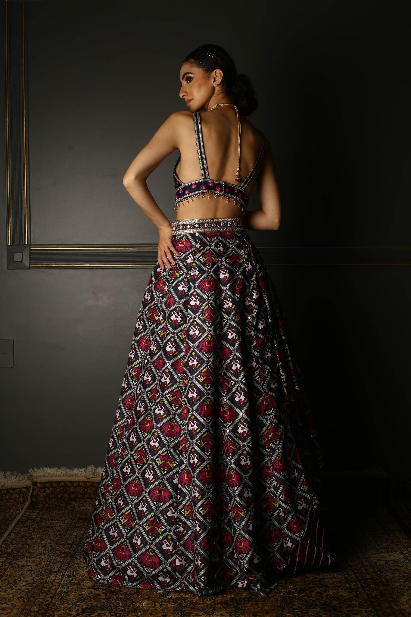 Women's Midnight Blue Printed Draped Lehenga backview
