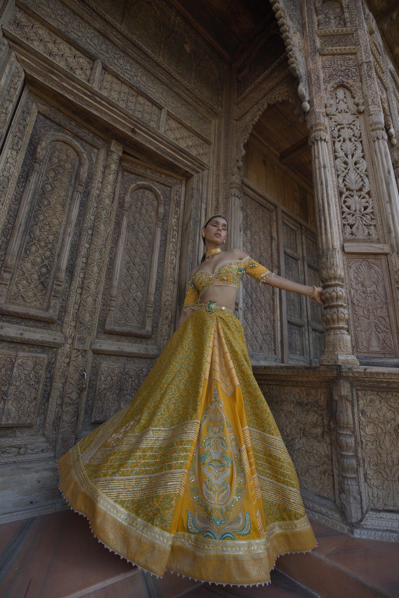 Shop Women's Yellow Embroidered Jamawar Lehenga