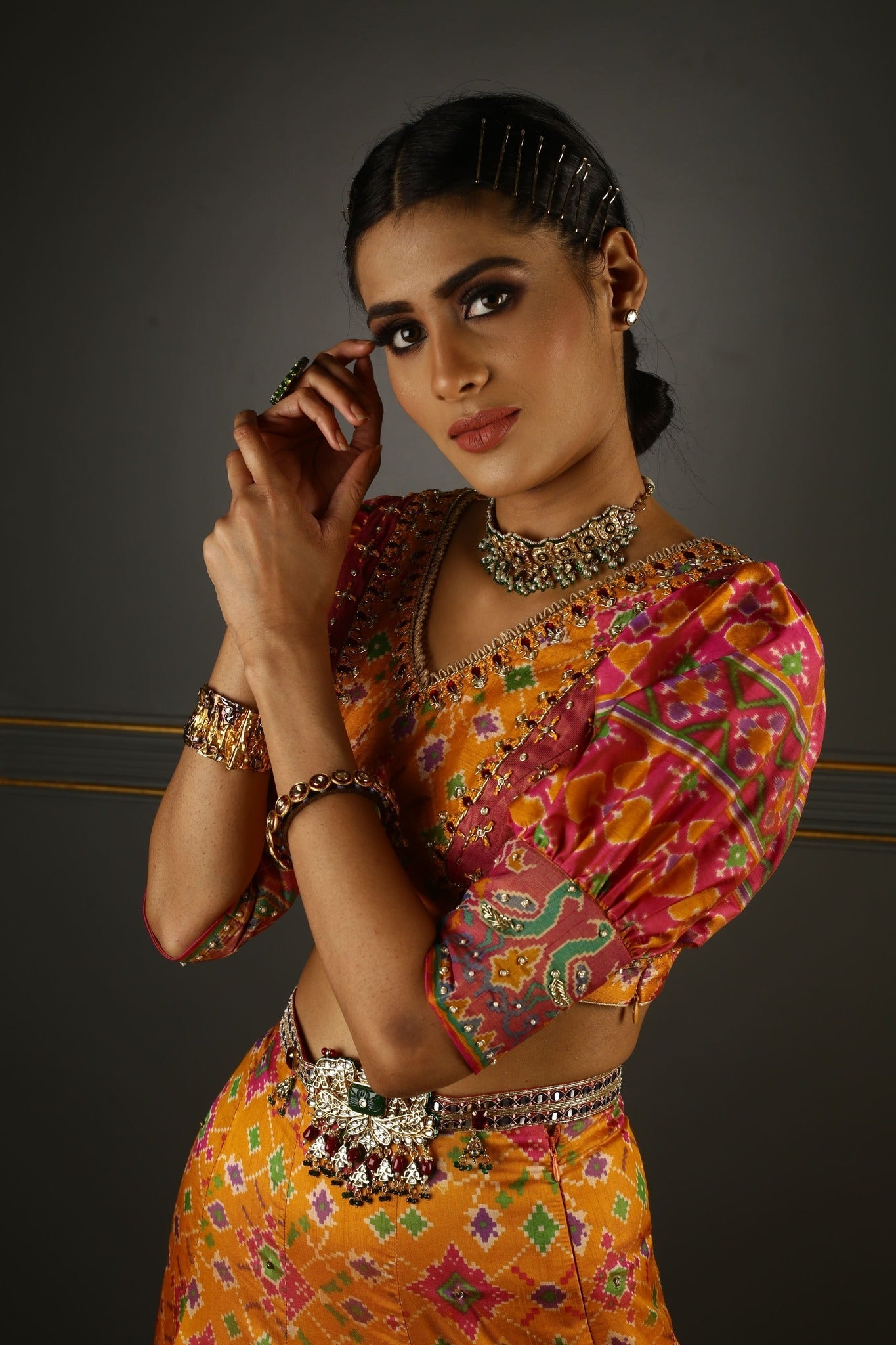 Yellow Printed Embroidered Lehenga Set closeview