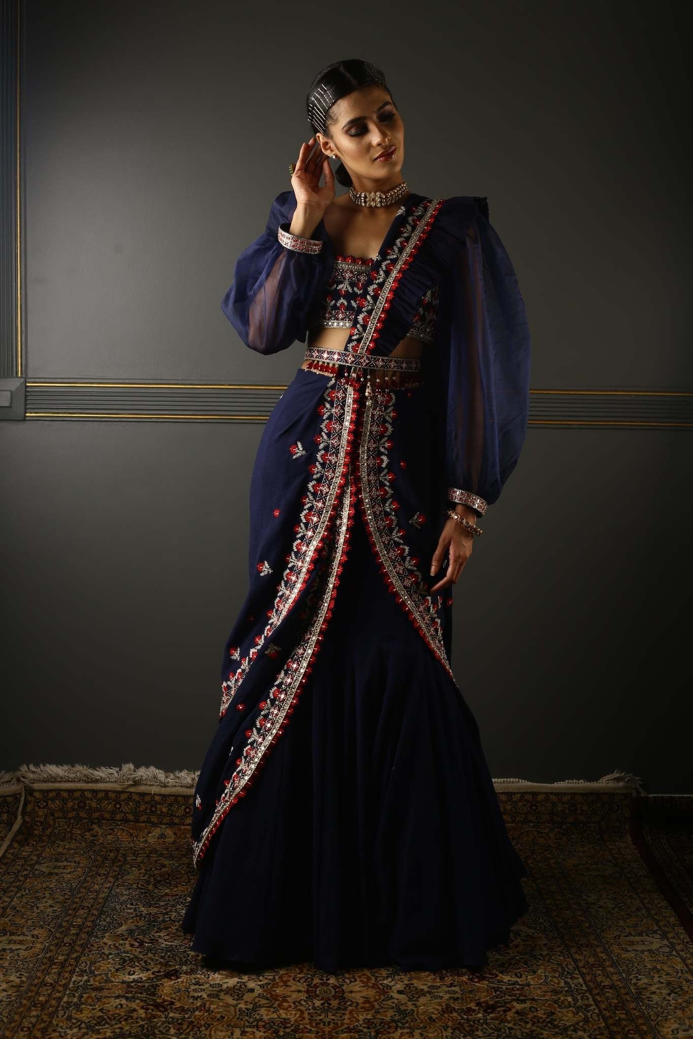 Midnight Blue Georgette Draped Lehenga Set