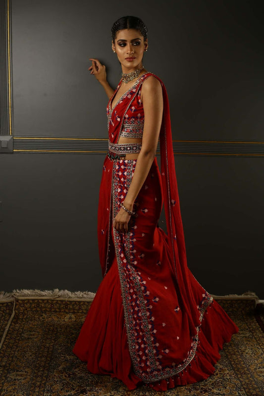 Shop Women's Ruby Red Draped Georgette Saree sideview