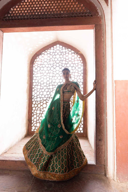 Women's Emerald Green Bandhani Banarasi Lehenga