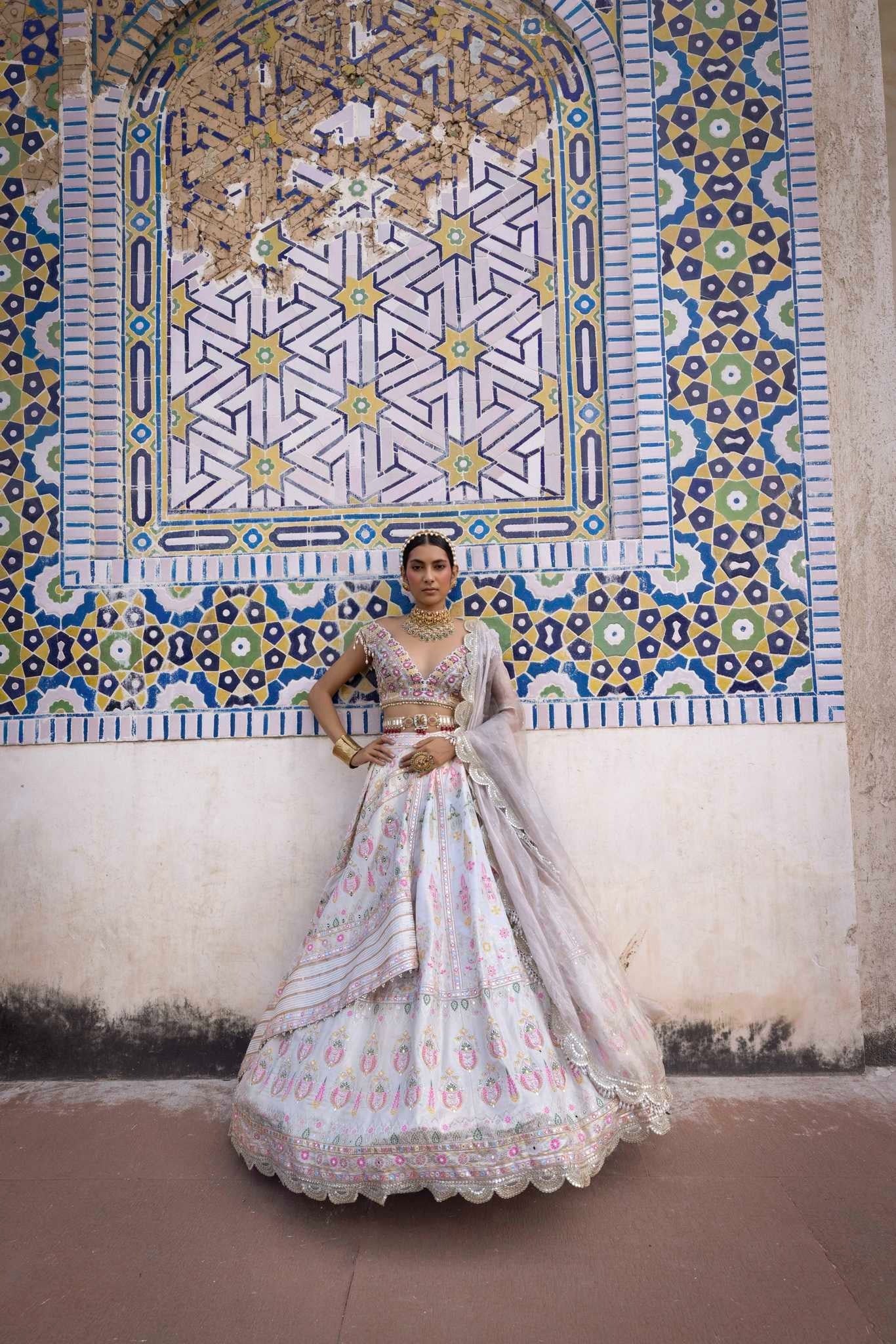 Shop Ivory Chanderi Banarasi Paneled Lehenga