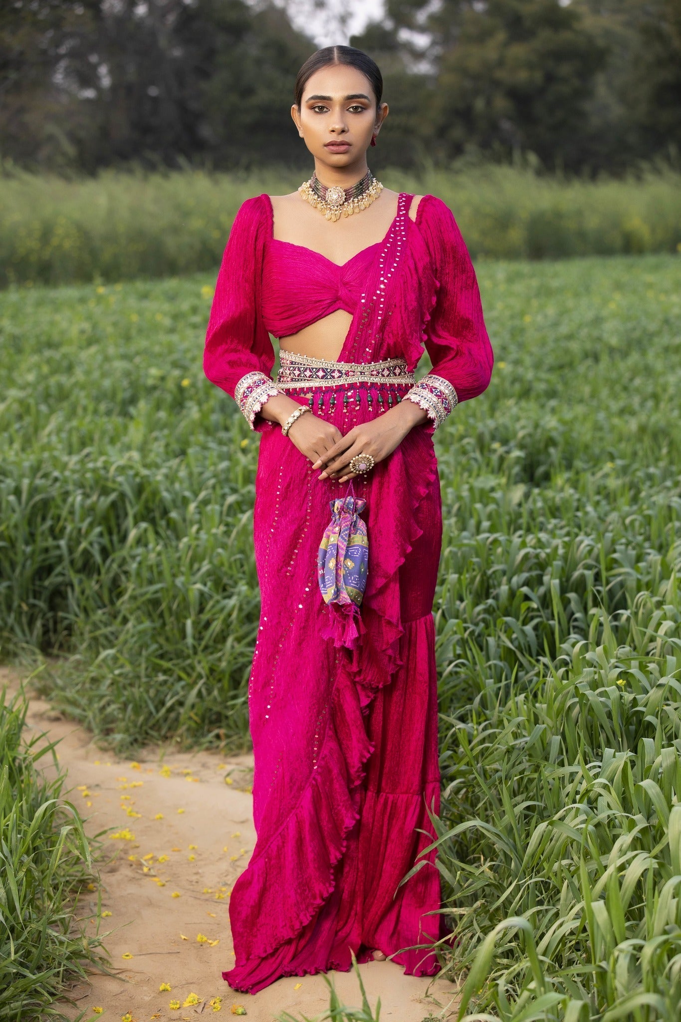Pink Hand-Crushed & Pleated Sharara Set