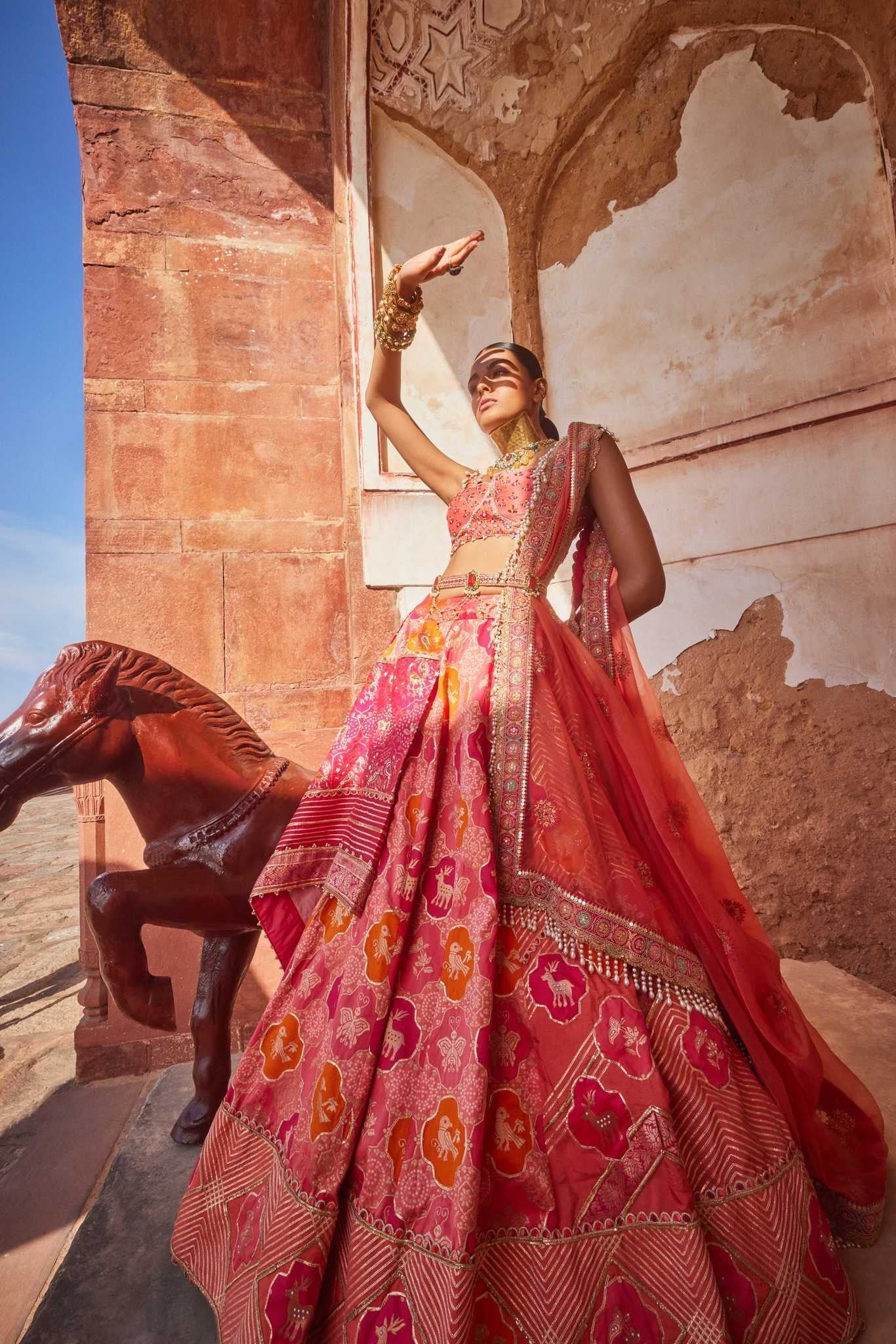 Women's Coral Banarsi Woven Lehenga Set