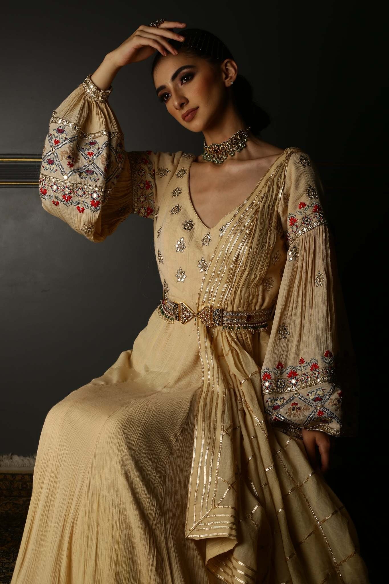 Cream Embroidered Georgette Anarkali Set