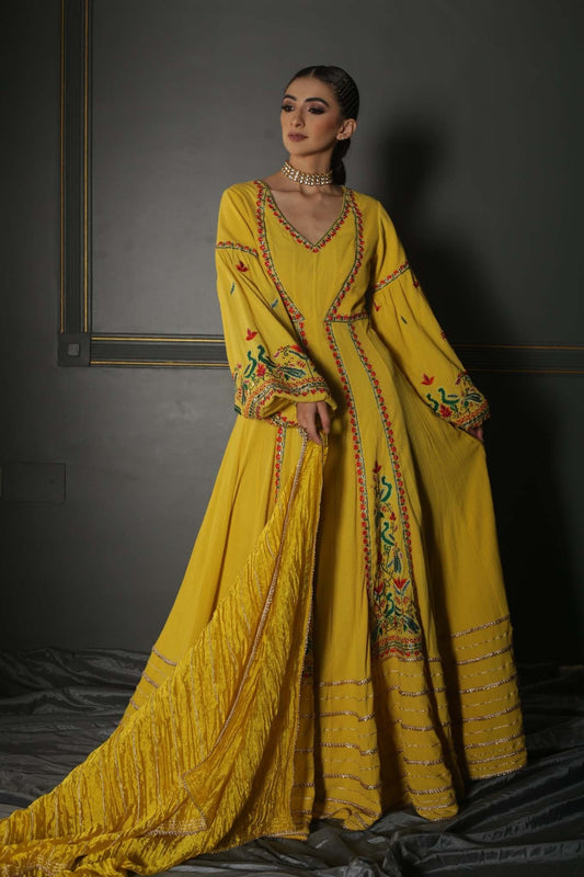 Women's Yellow Hand-Embroidered Anarkali Set