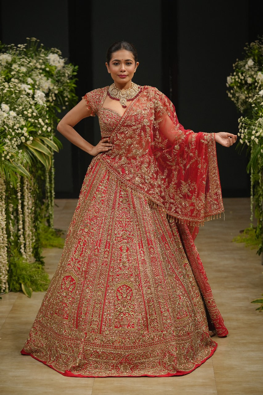 Red Raw Silk Zari Hand & Machine Embroidered Lehenga Set