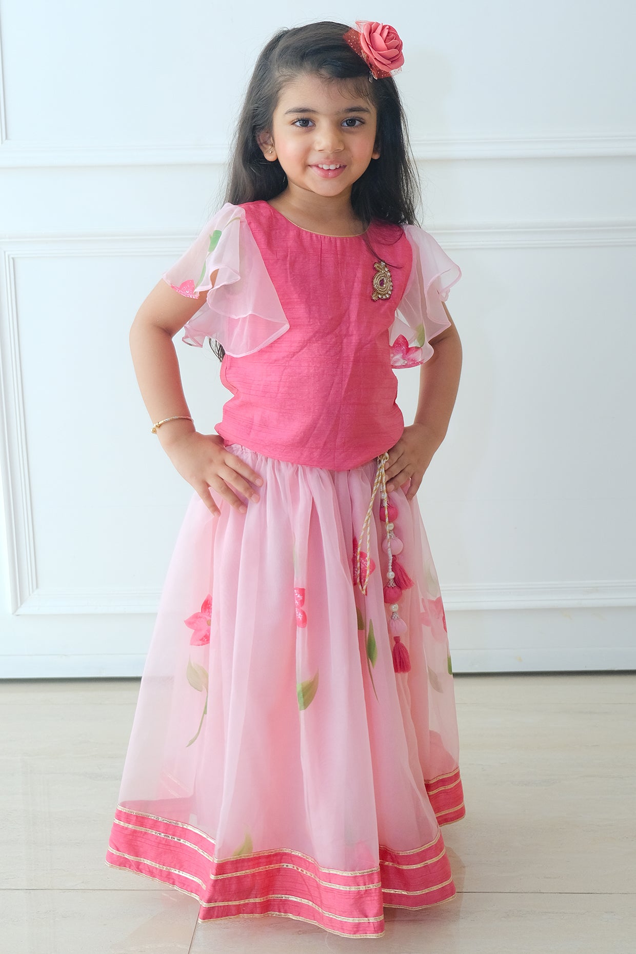 Blush Pink Organza Floral Hand-Painted Lehenga Set For Girls by Pankhuri by Priyanka - Kids at Pernia's Pop Up Shop