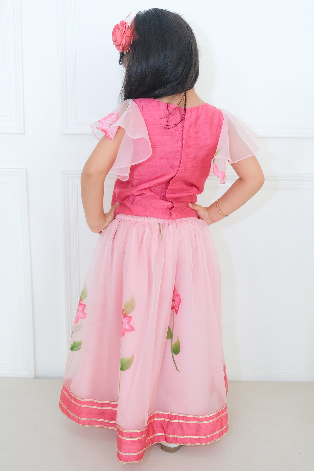 Blush Pink Organza Floral Hand-Painted Lehenga Set For Girls by Pankhuri by Priyanka - Kids at Pernia's Pop Up Shop