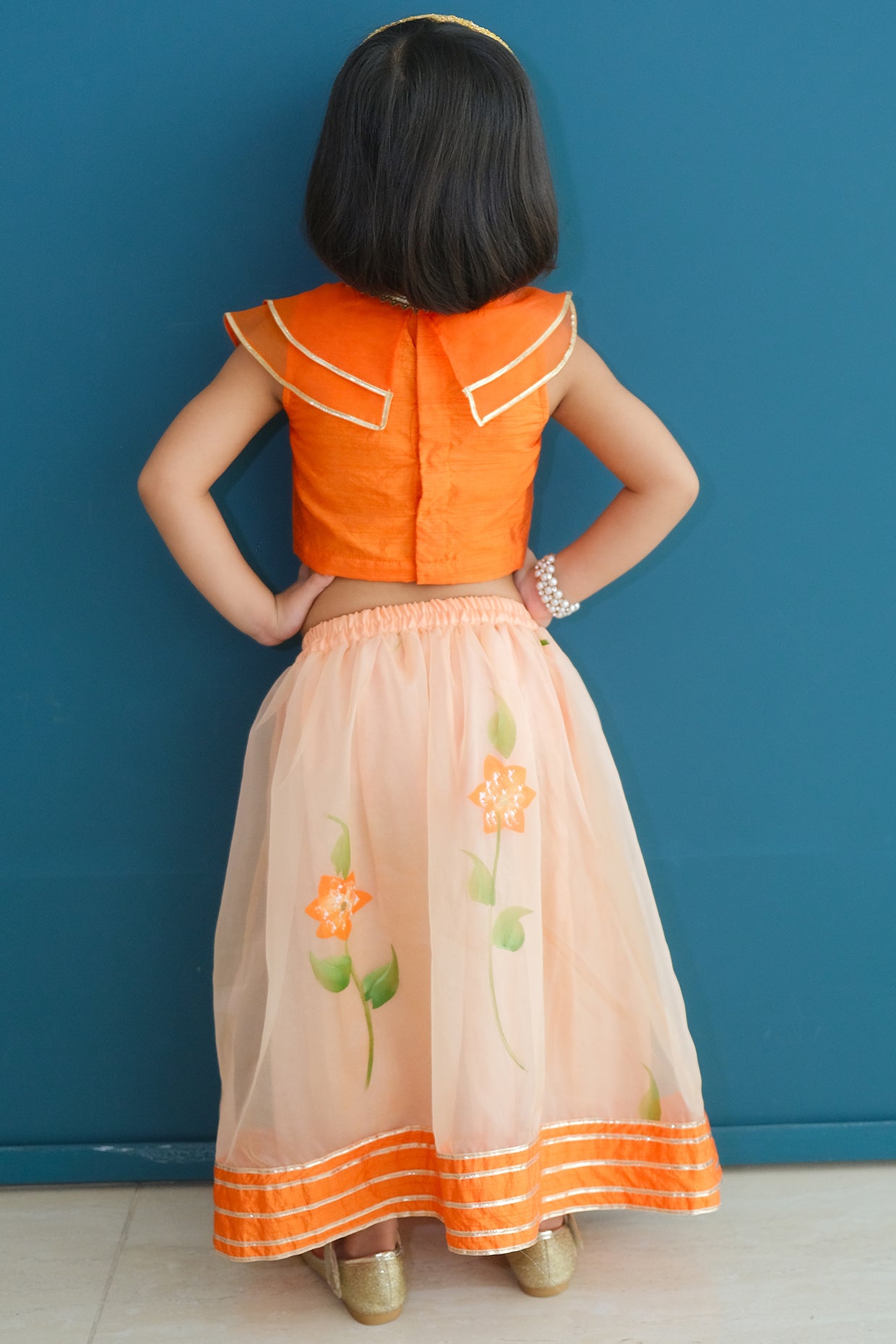 Orange Organza Hand-Painted Lehenga Set For Girls by Pankhuri by Priyanka - Kids at Pernia's Pop Up Shop