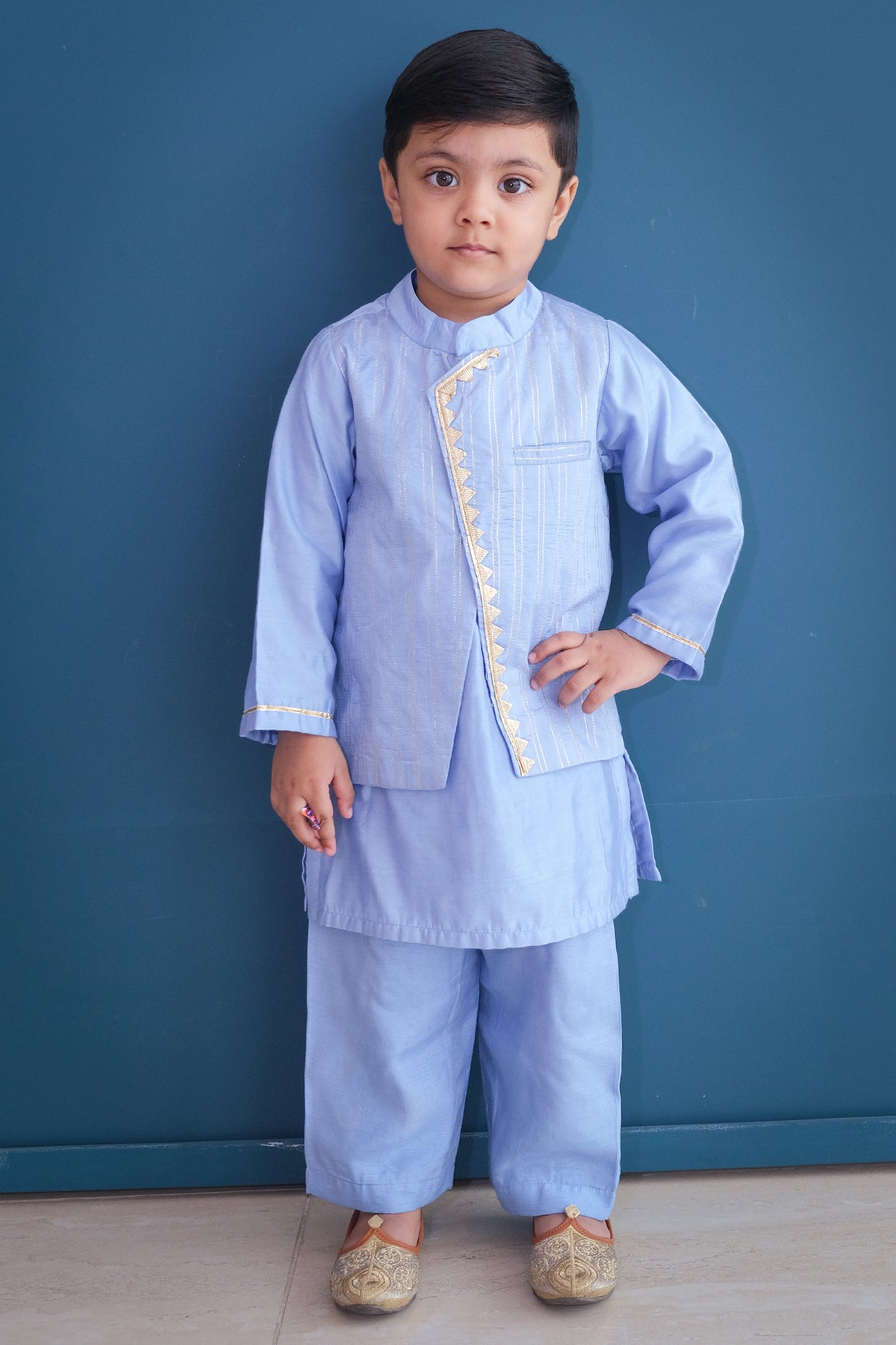 Ice Blue Chanderi Zari Embroidered & Geometric Printed Kurta Set For Boys by Pankhuri by Priyanka - Kids at Pernia's Pop Up Shop
