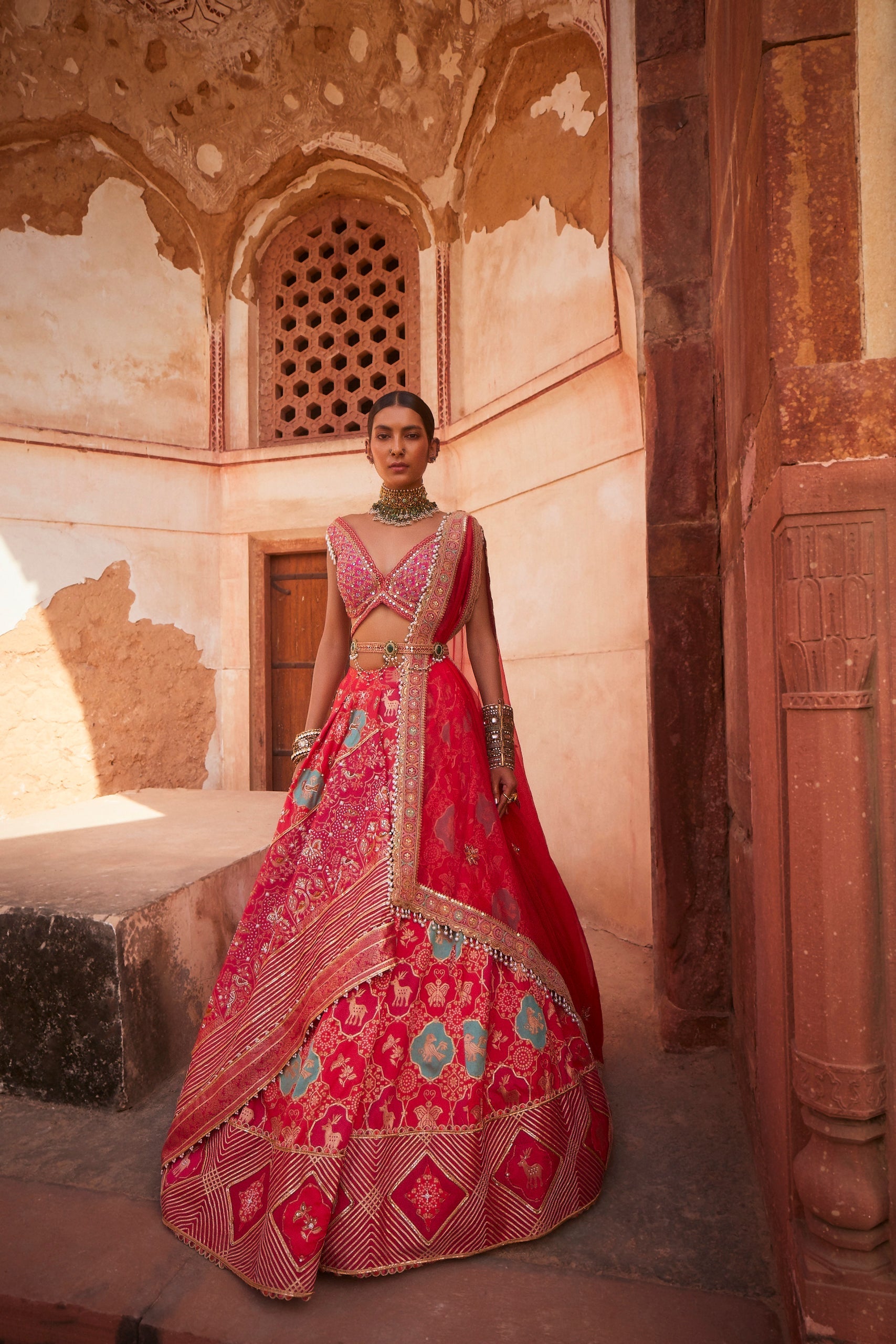 Women's Coral Banarsi Woven Lehenga Set