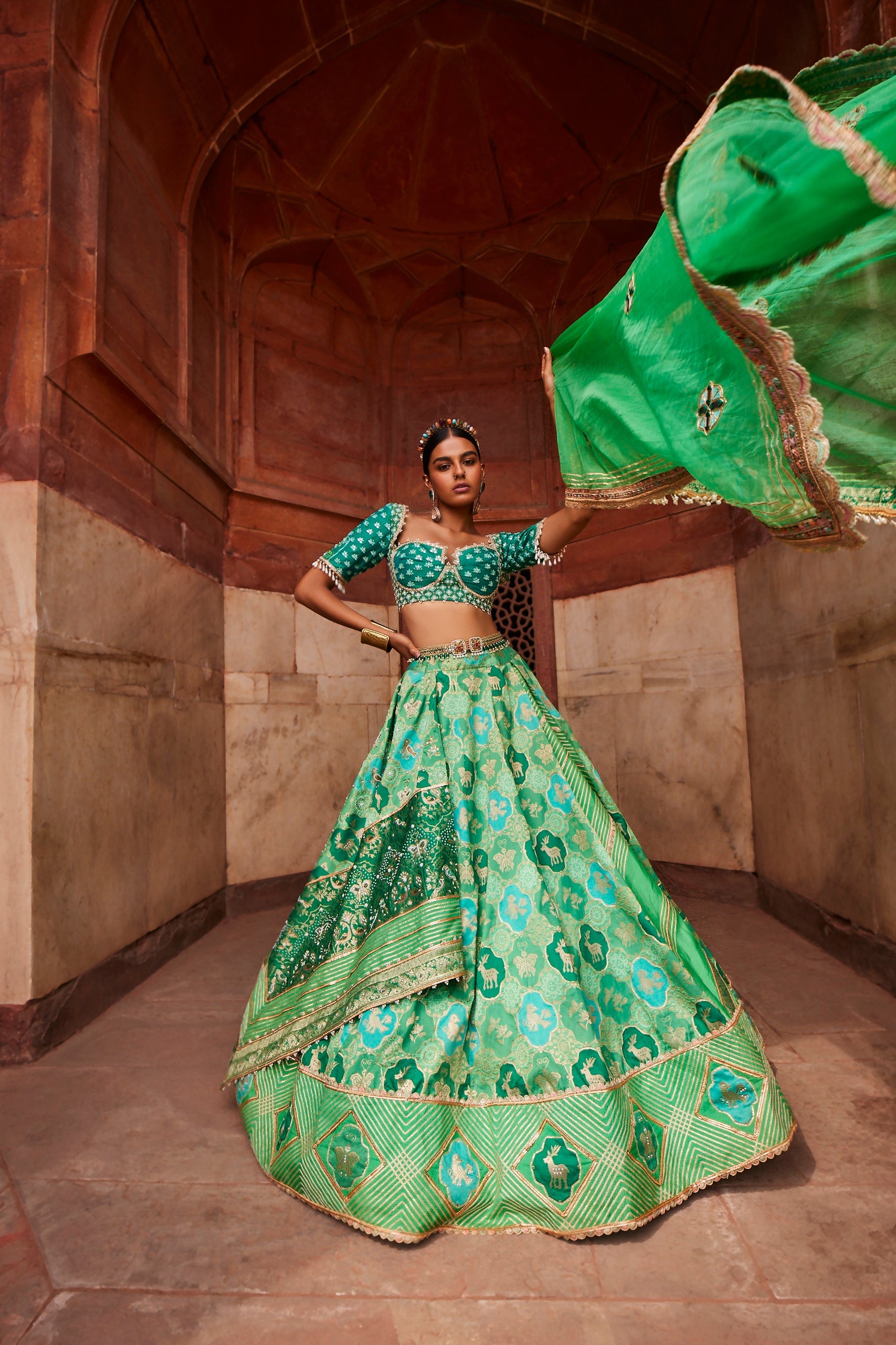 Women's Green Banarsi Woven Lehenga Set